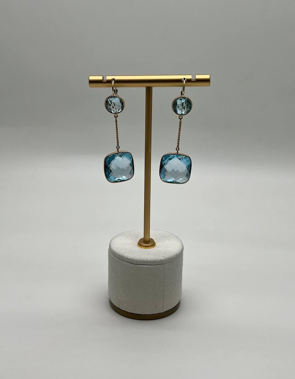 Round Cushion Shape Blue Topaz Diamonds Drop 14K Gold Statement Earrings