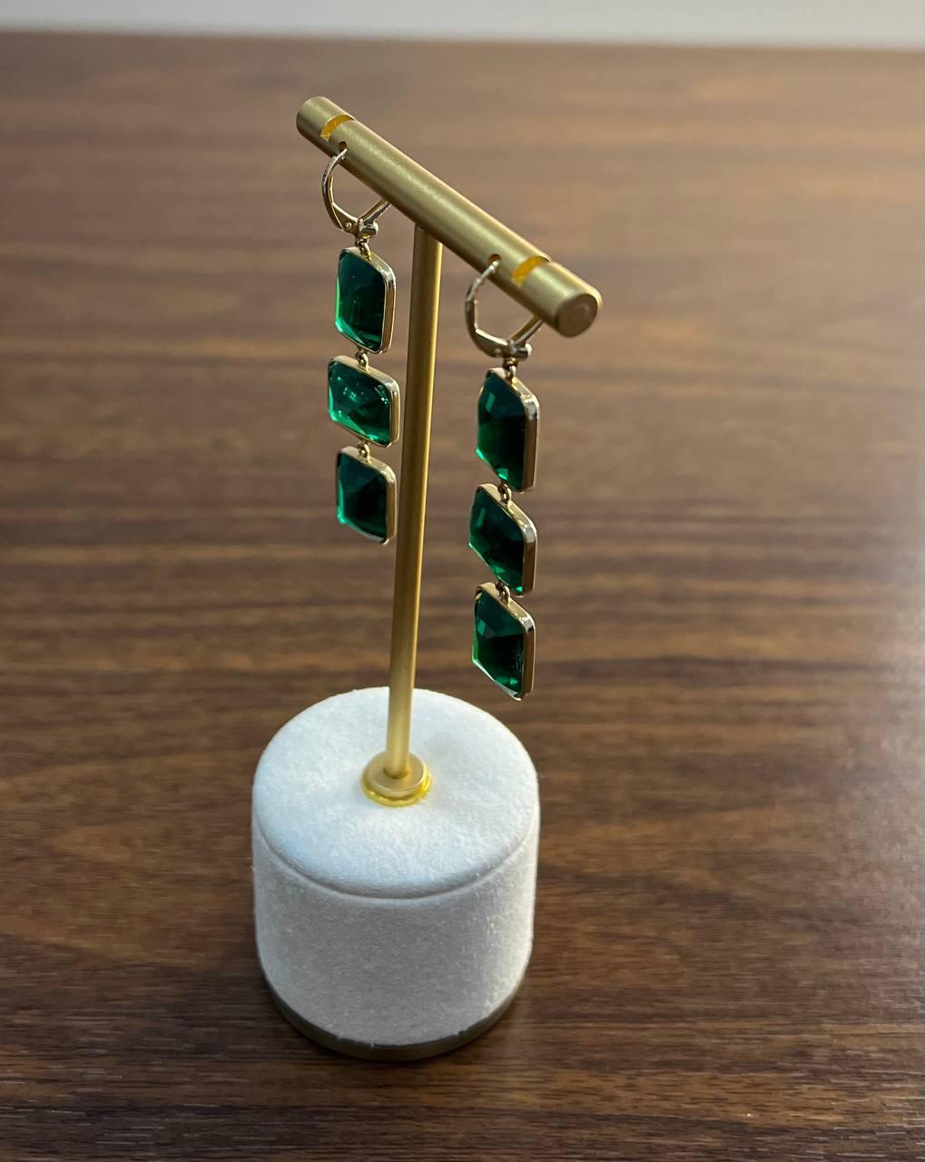 Square Green Emerald Doublet 14K Yellow Gold Drop Statement Dangling Earrings