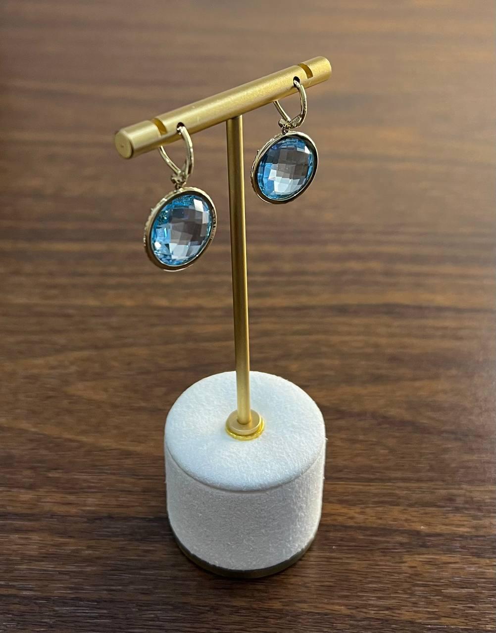 Round Shape Faceted Cut Blue Topaz Diamonds Drop 14K Gold Statement Earrings
