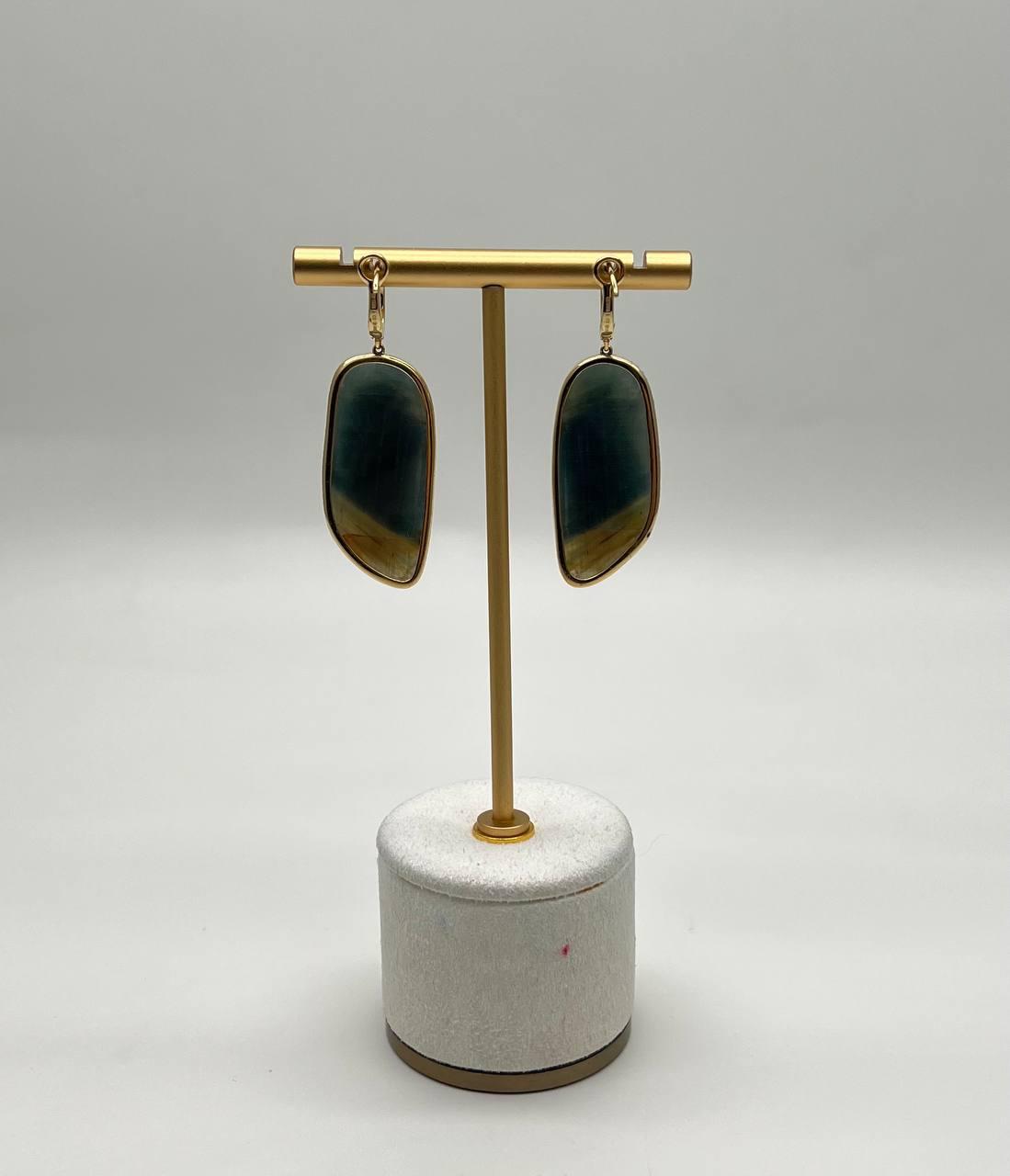 Free Shape Brown Dark Green Sapphire Diamonds 14K Gold Drop Statement Earrings