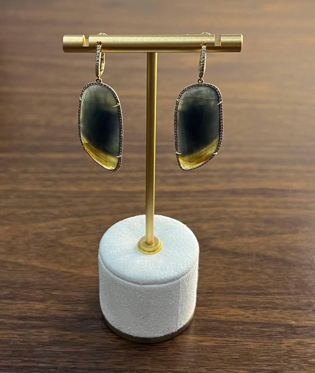 Free Shape Brown Dark Green Sapphire Diamonds 14K Gold Drop Statement Earrings