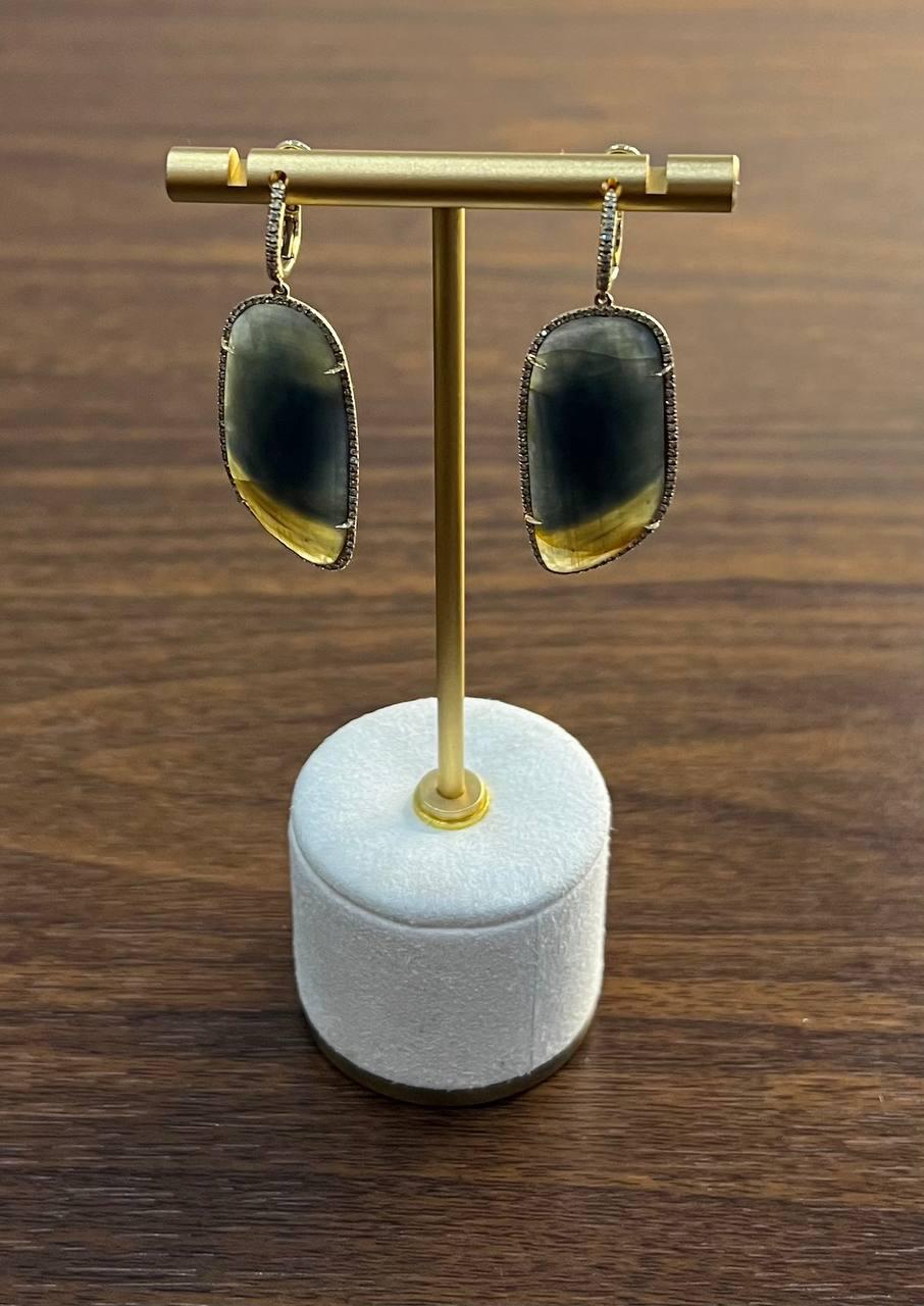 Free Shape Brown Dark Green Sapphire Diamonds 14K Gold Drop Statement Earrings