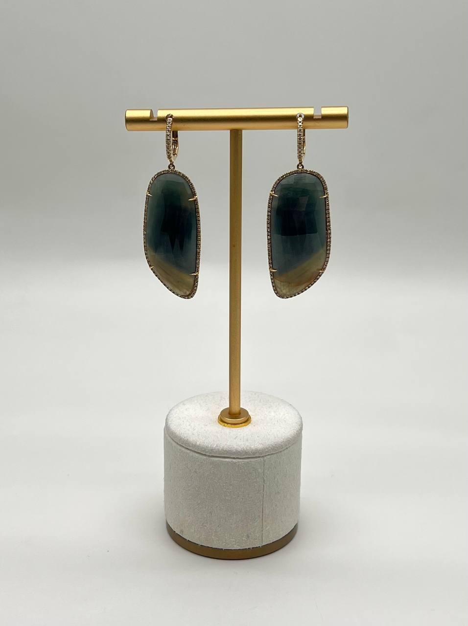 Free Shape Brown Dark Green Sapphire Diamonds 14K Gold Drop Statement Earrings