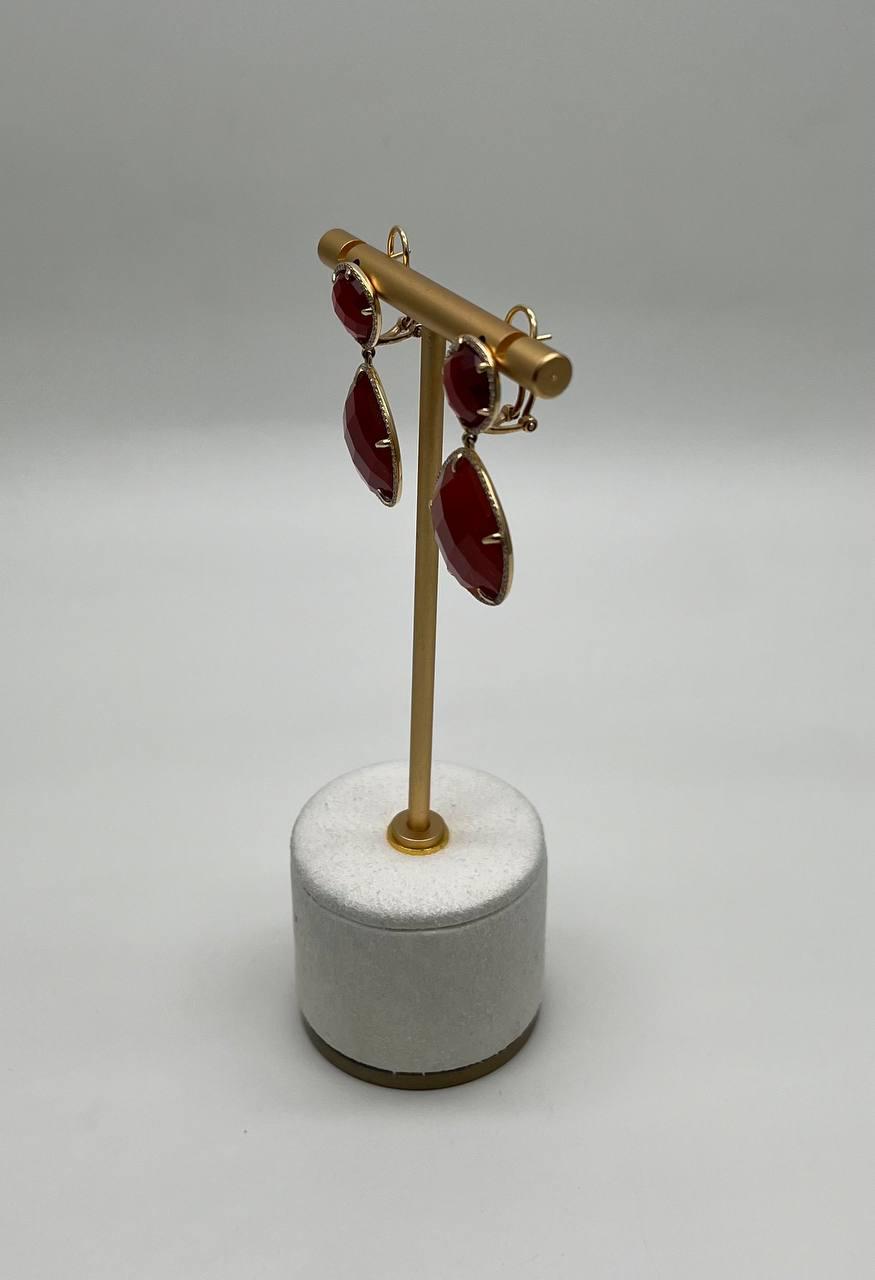 Faceted Cab Orange Red Carnelian Diamond Halo 14K Yellow Gold Statement Earrings