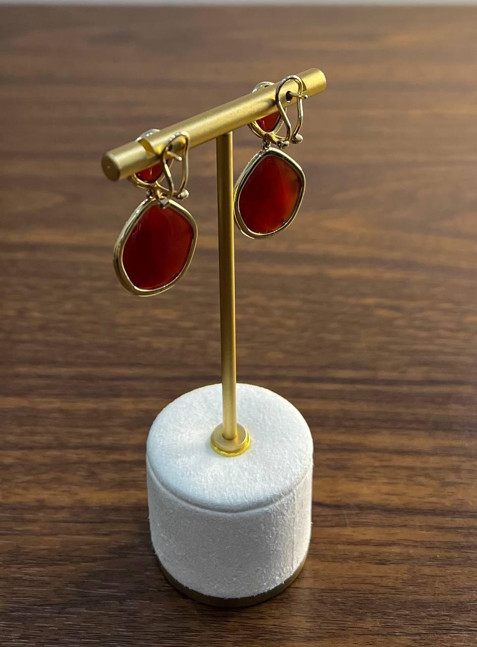 Faceted Cab Orange Red Carnelian Diamond Halo 14K Yellow Gold Statement Earrings