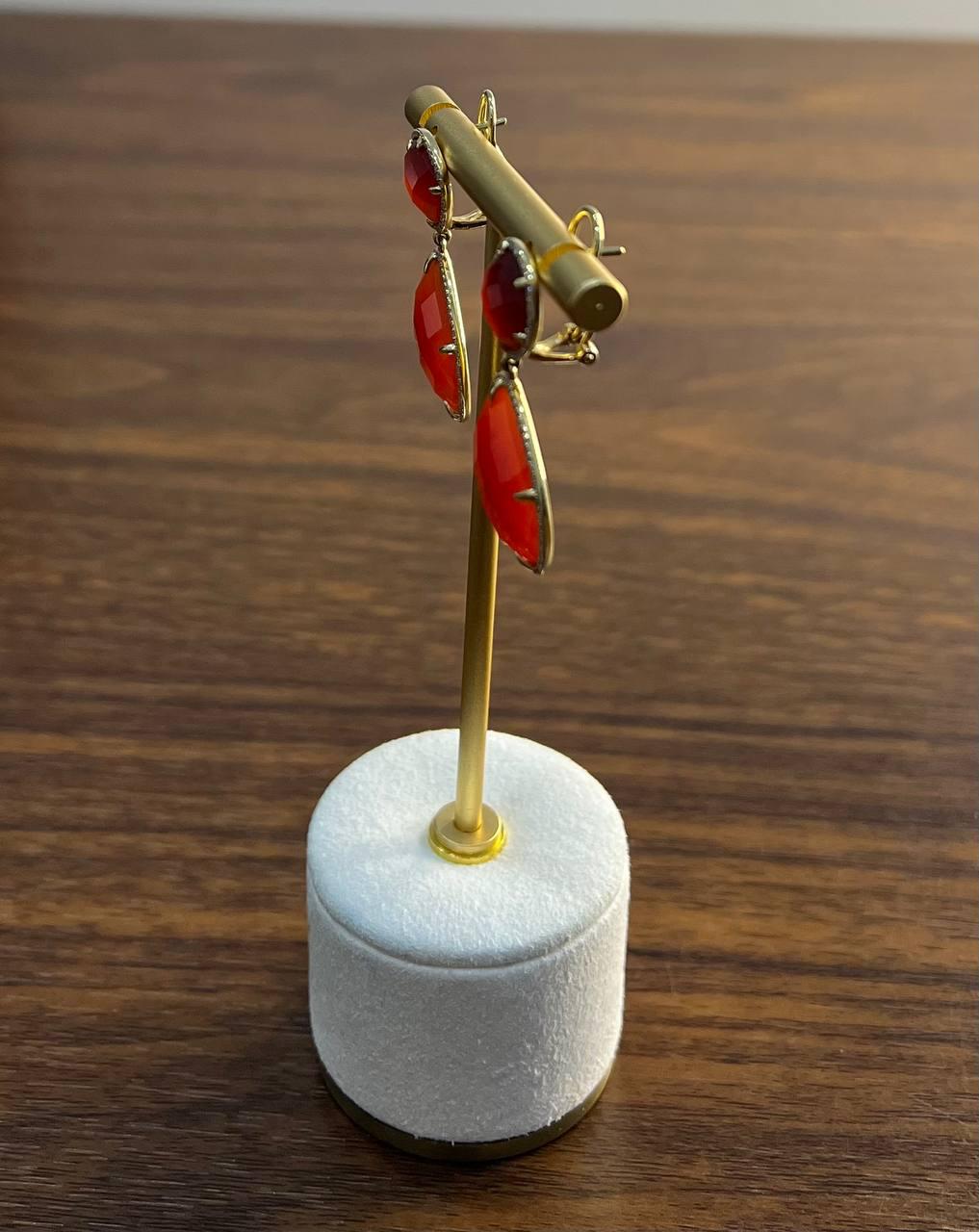 Faceted Cab Orange Red Carnelian Diamond Halo 14K Yellow Gold Statement Earrings