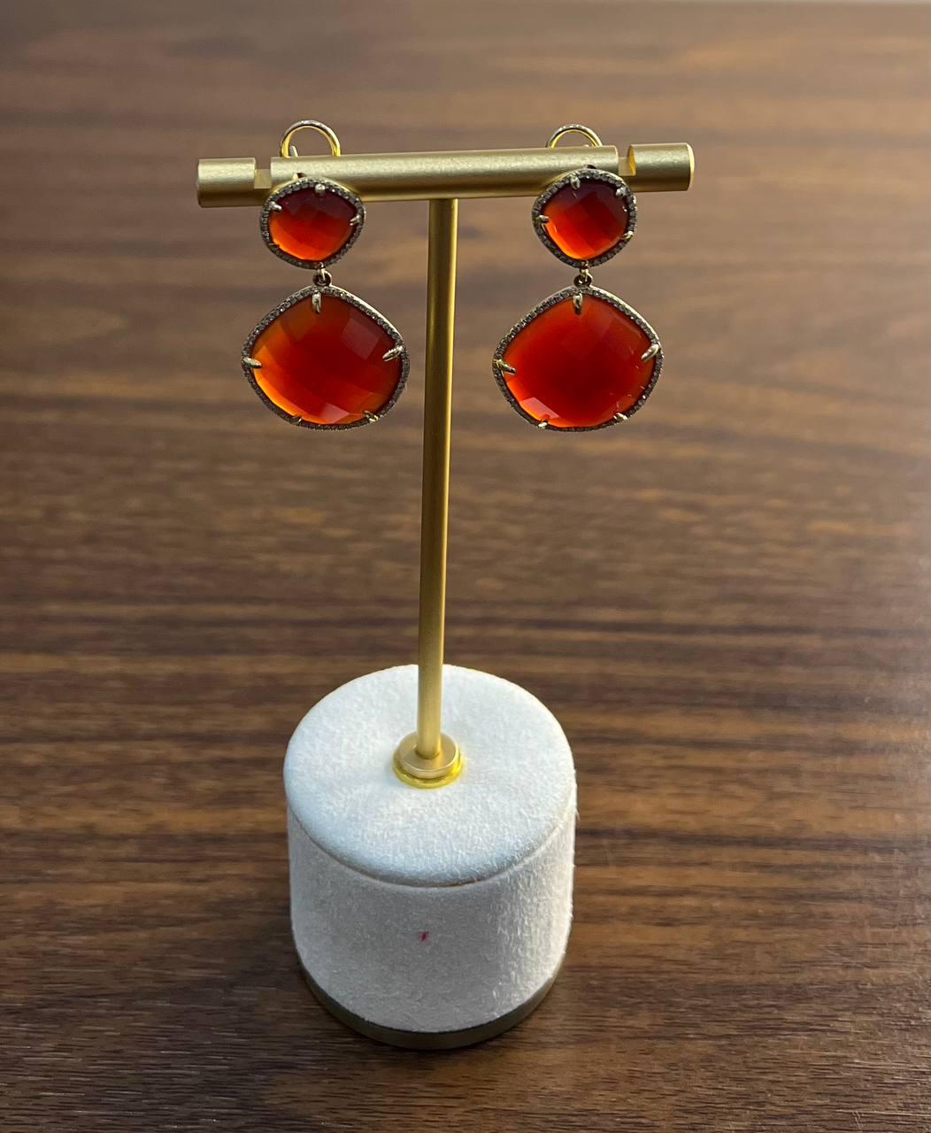 Faceted Cab Orange Red Carnelian Diamond Halo 14K Yellow Gold Statement Earrings