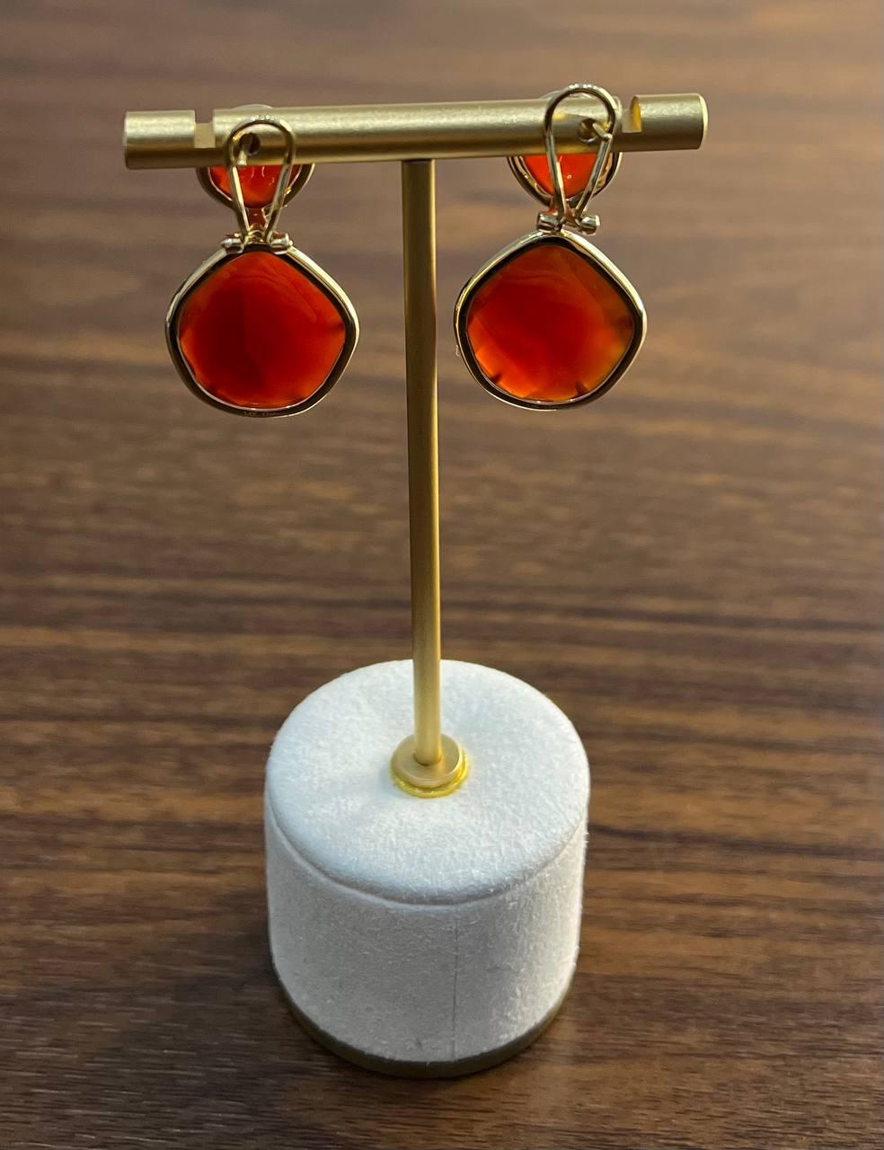 Faceted Cab Orange Red Carnelian Diamond Halo 14K Yellow Gold Statement Earrings