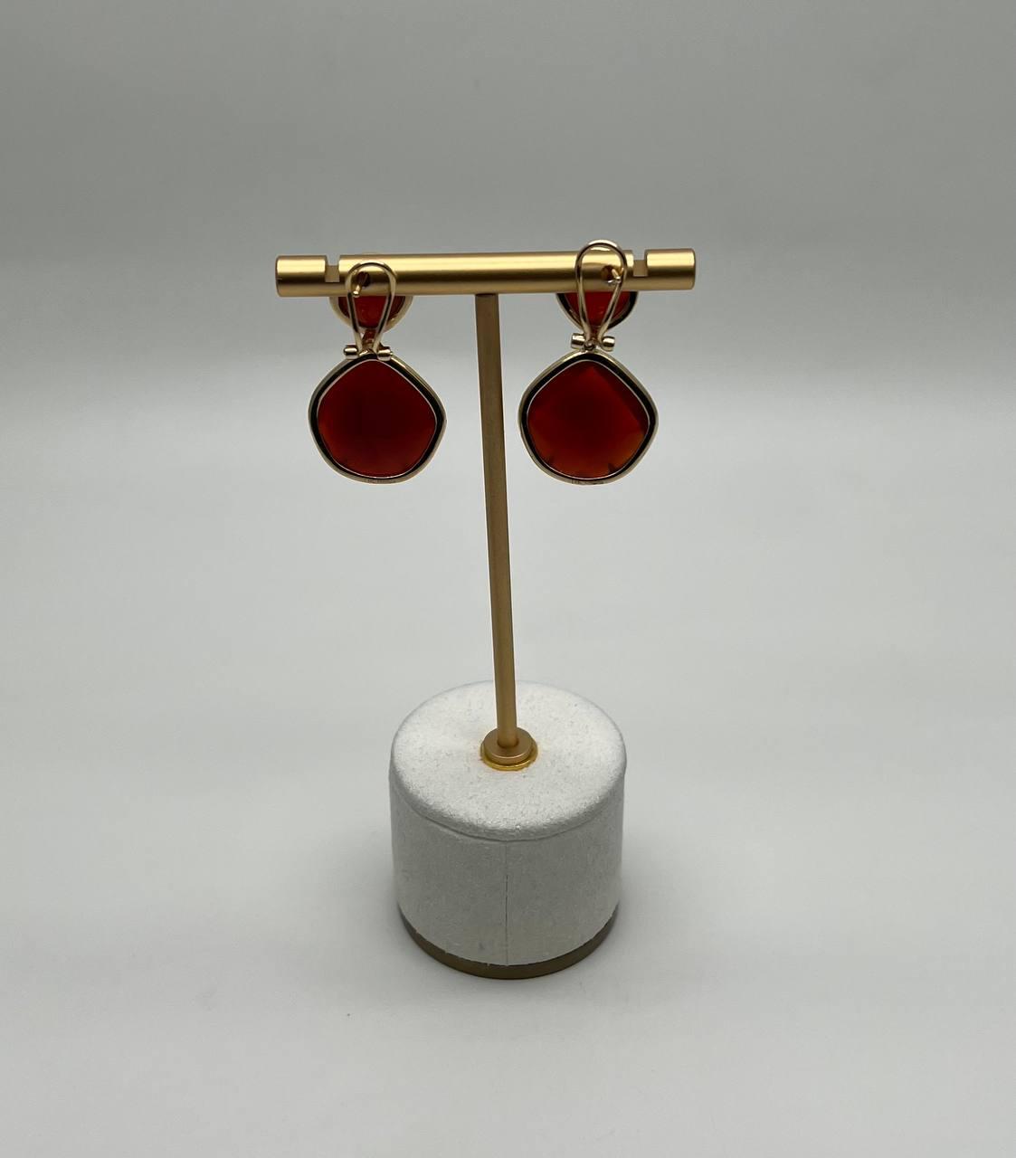 Faceted Cab Orange Red Carnelian Diamond Halo 14K Yellow Gold Statement Earrings