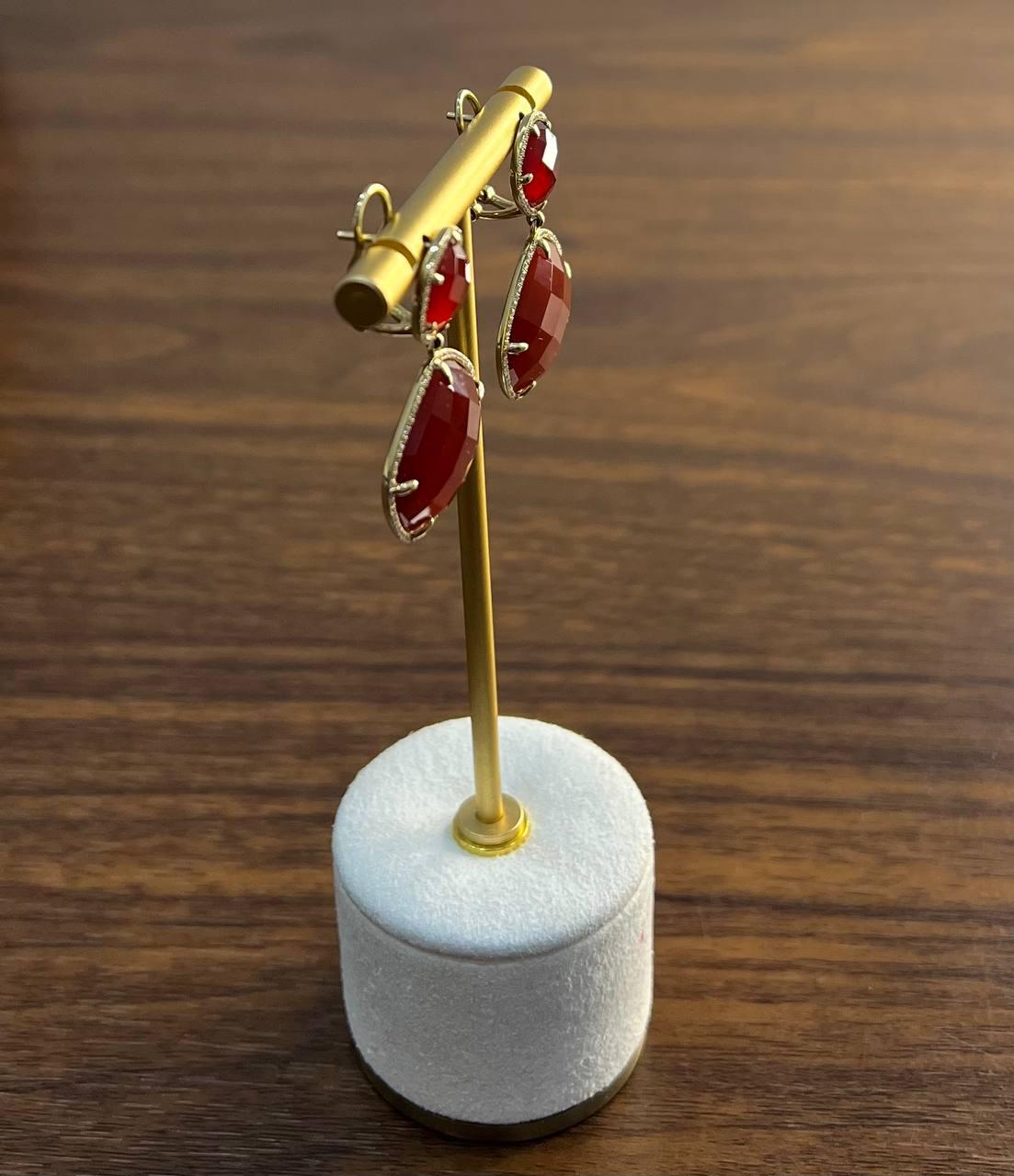 Faceted Cab Orange Red Carnelian Diamond Halo 14K Yellow Gold Statement Earrings