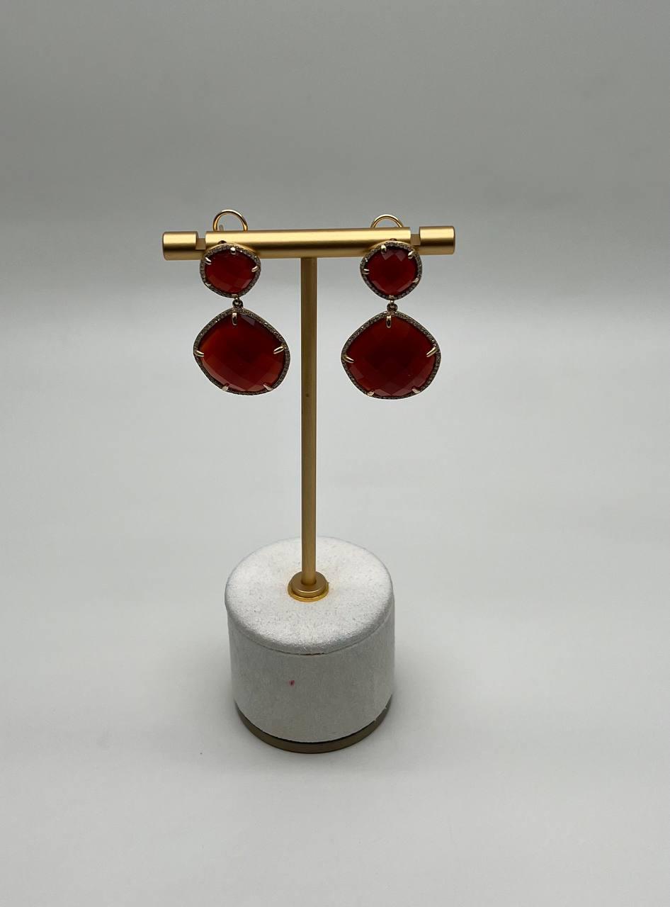 Faceted Cab Orange Red Carnelian Diamond Halo 14K Yellow Gold Statement Earrings