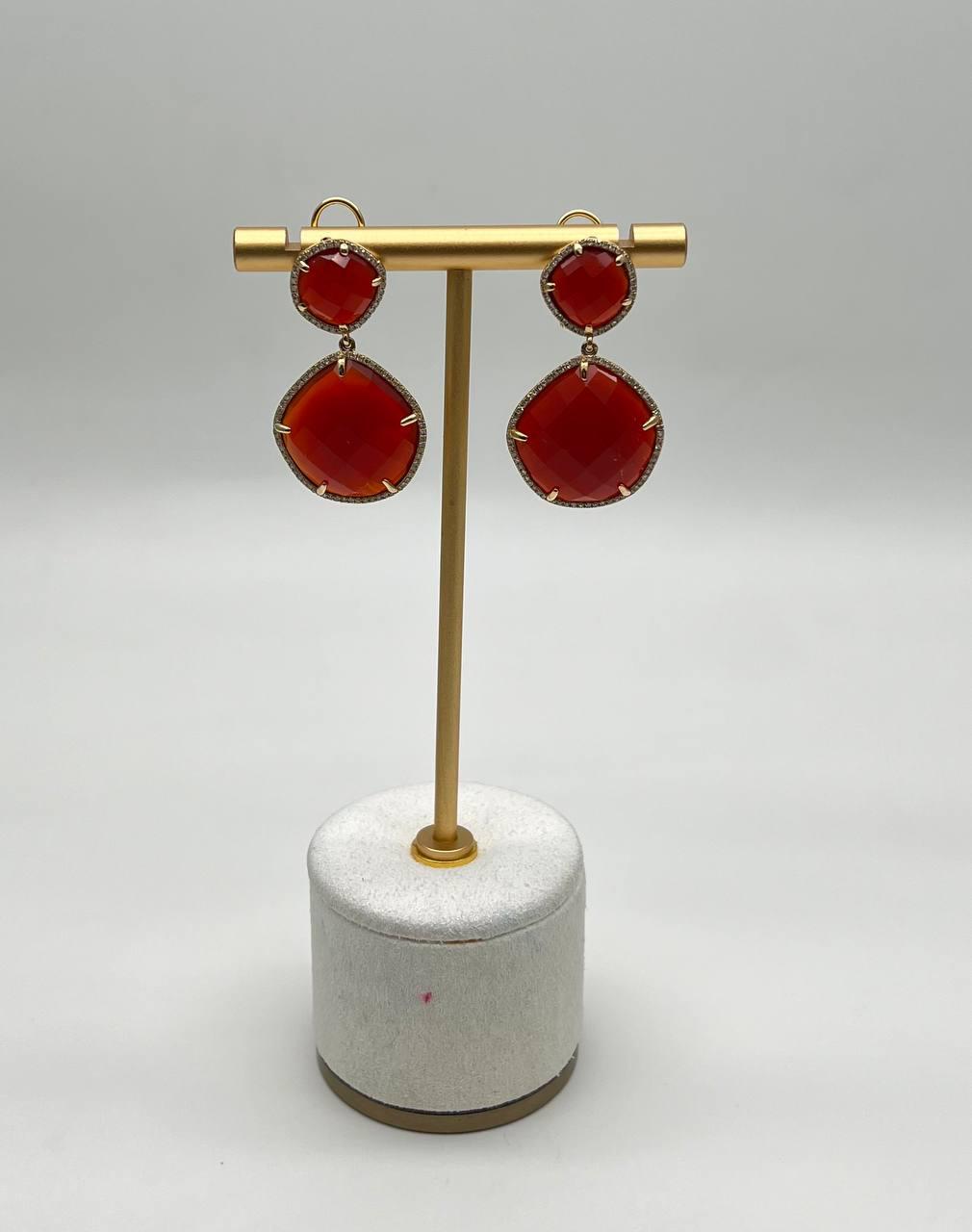 Faceted Cab Orange Red Carnelian Diamond Halo 14K Yellow Gold Statement Earrings