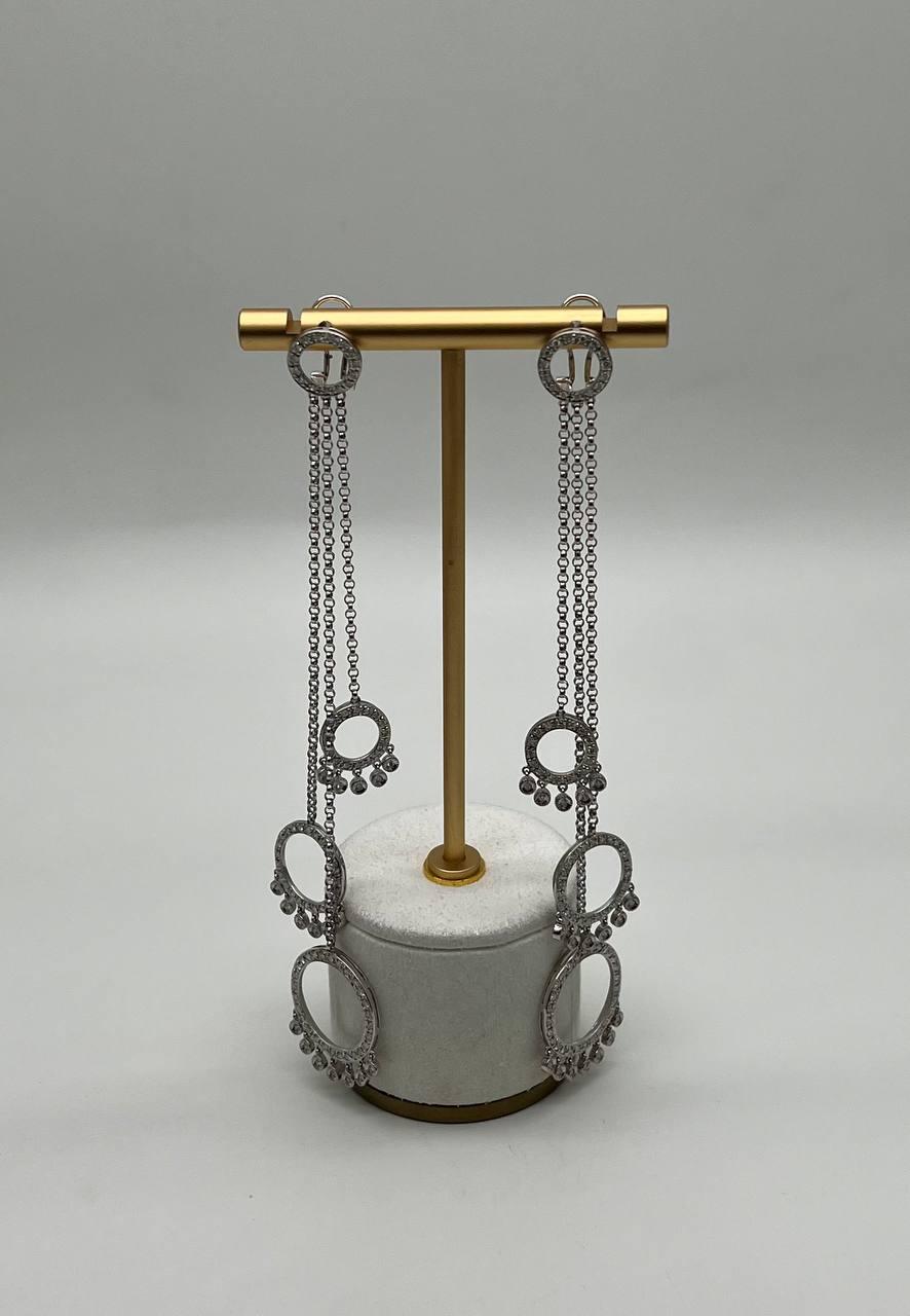 Diamond Circle Chandelier Drop Chain 14K White Gold Statement Drop Earrings