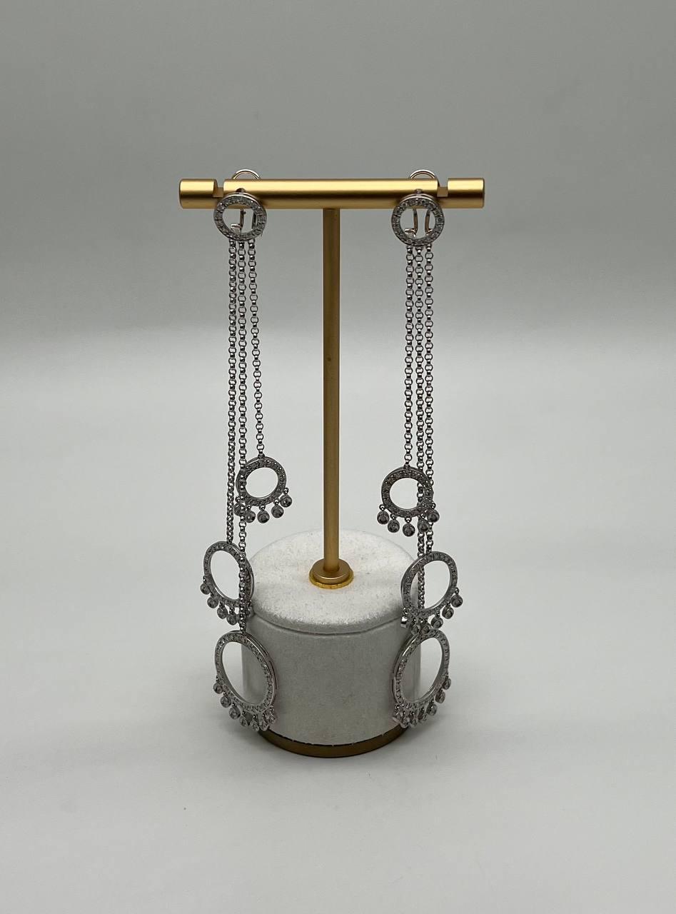 Diamond Circle Chandelier Drop Chain 14K White Gold Statement Drop Earrings