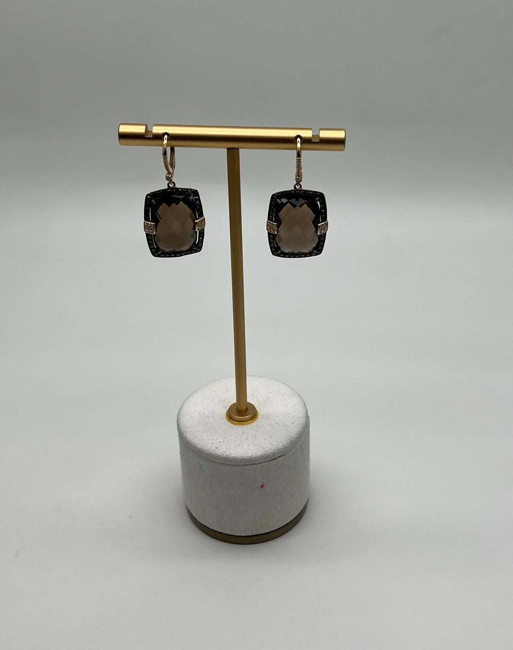 Brown Smokey Quartz Black Diamonds Pave Set 14K Gold Statement Earrings