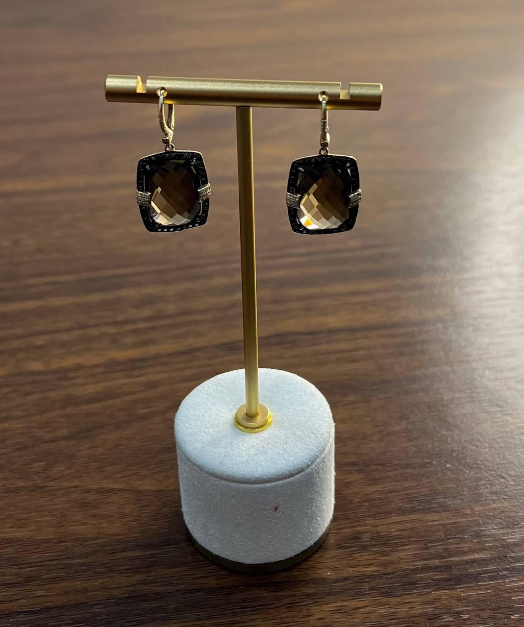 Brown Smokey Quartz Black Diamonds Pave Set 14K Gold Statement Earrings