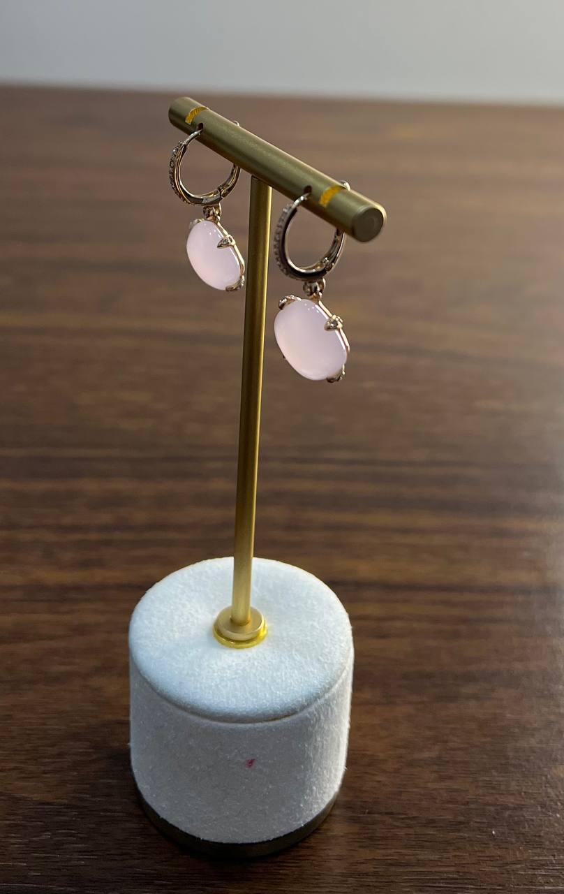 Cushion Shape Cab Pink Rose Quartz Diamond Accents 14K Yellow Gold Drop Earrings