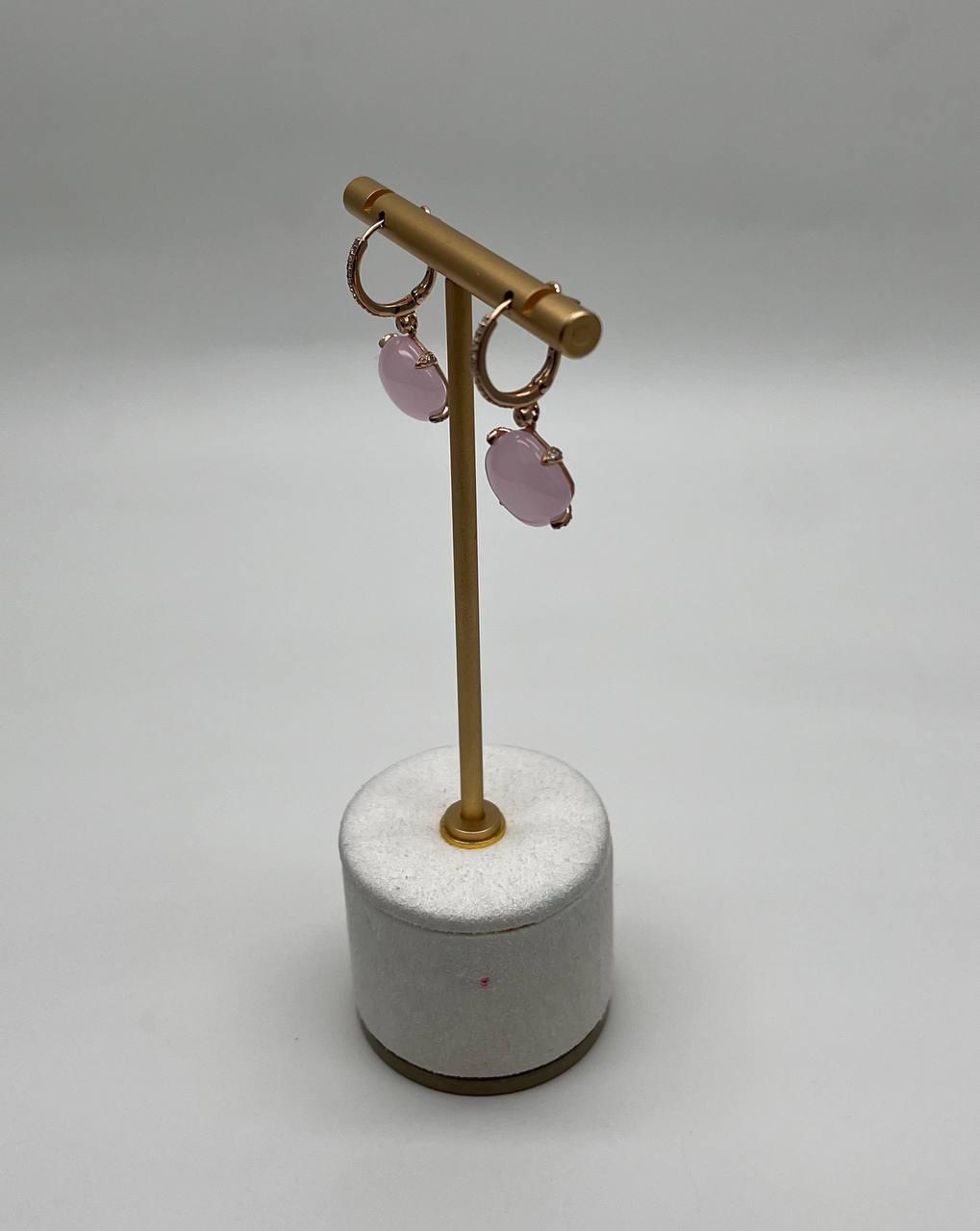 Cushion Shape Cab Pink Rose Quartz Diamond Accents 14K Yellow Gold Drop Earrings