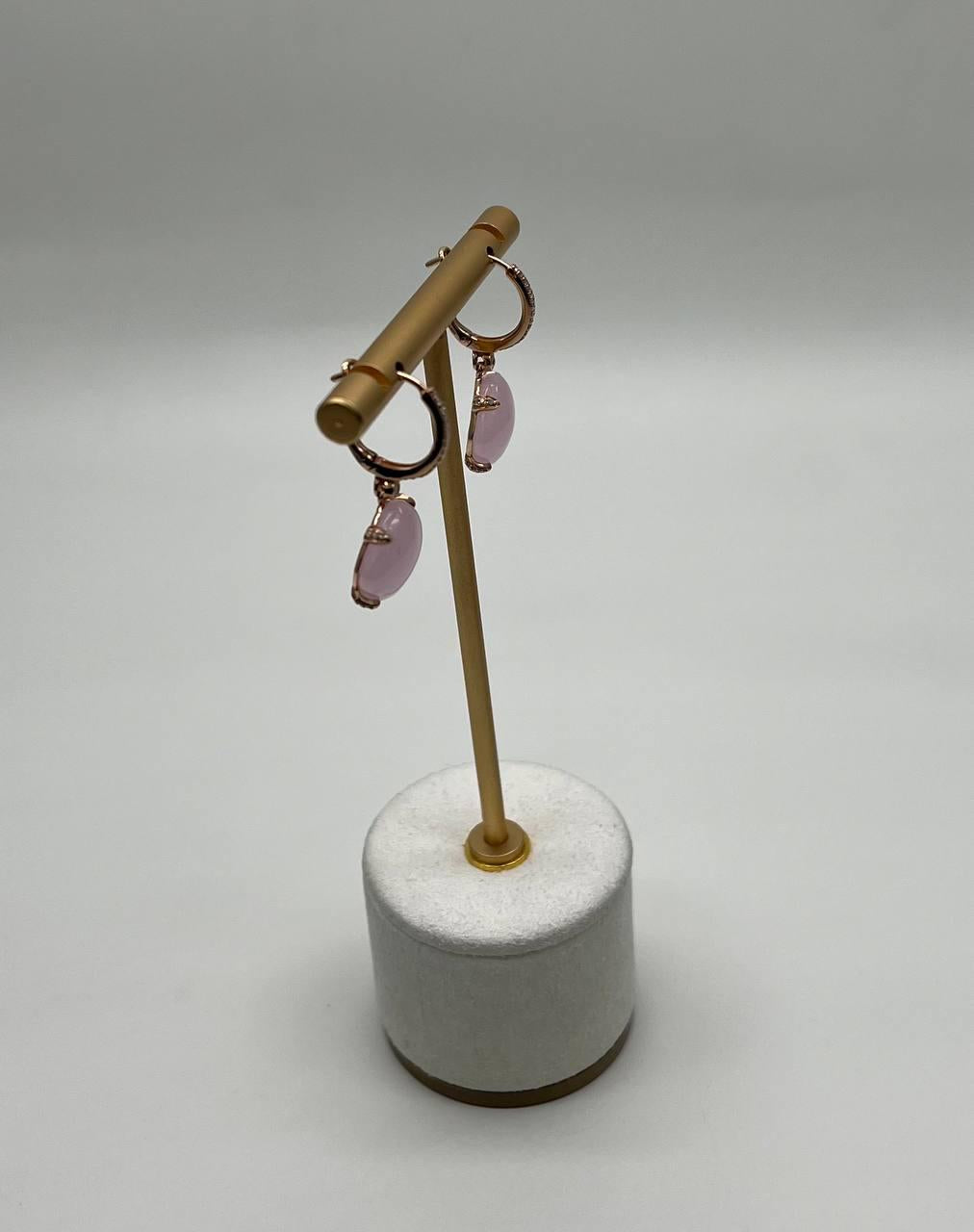 Cushion Shape Cab Pink Rose Quartz Diamond Accents 14K Yellow Gold Drop Earrings