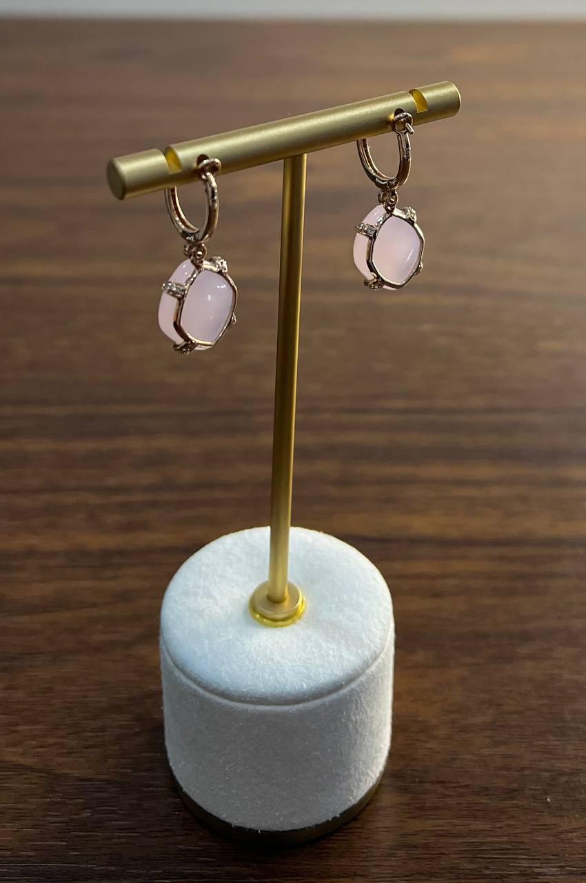 Cushion Shape Cab Pink Rose Quartz Diamond Accents 14K Yellow Gold Drop Earrings