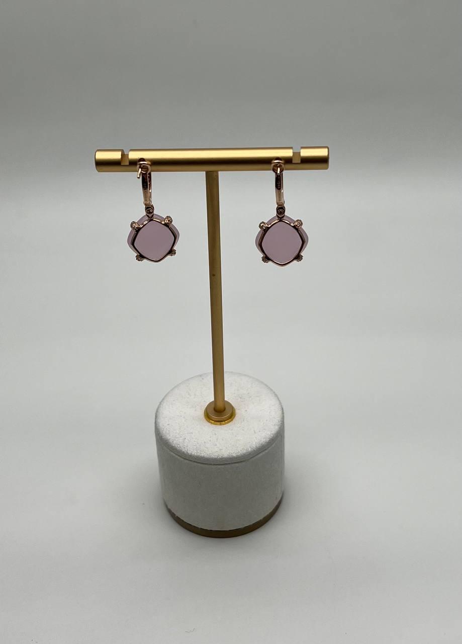 Cushion Shape Cab Pink Rose Quartz Diamond Accents 14K Yellow Gold Drop Earrings
