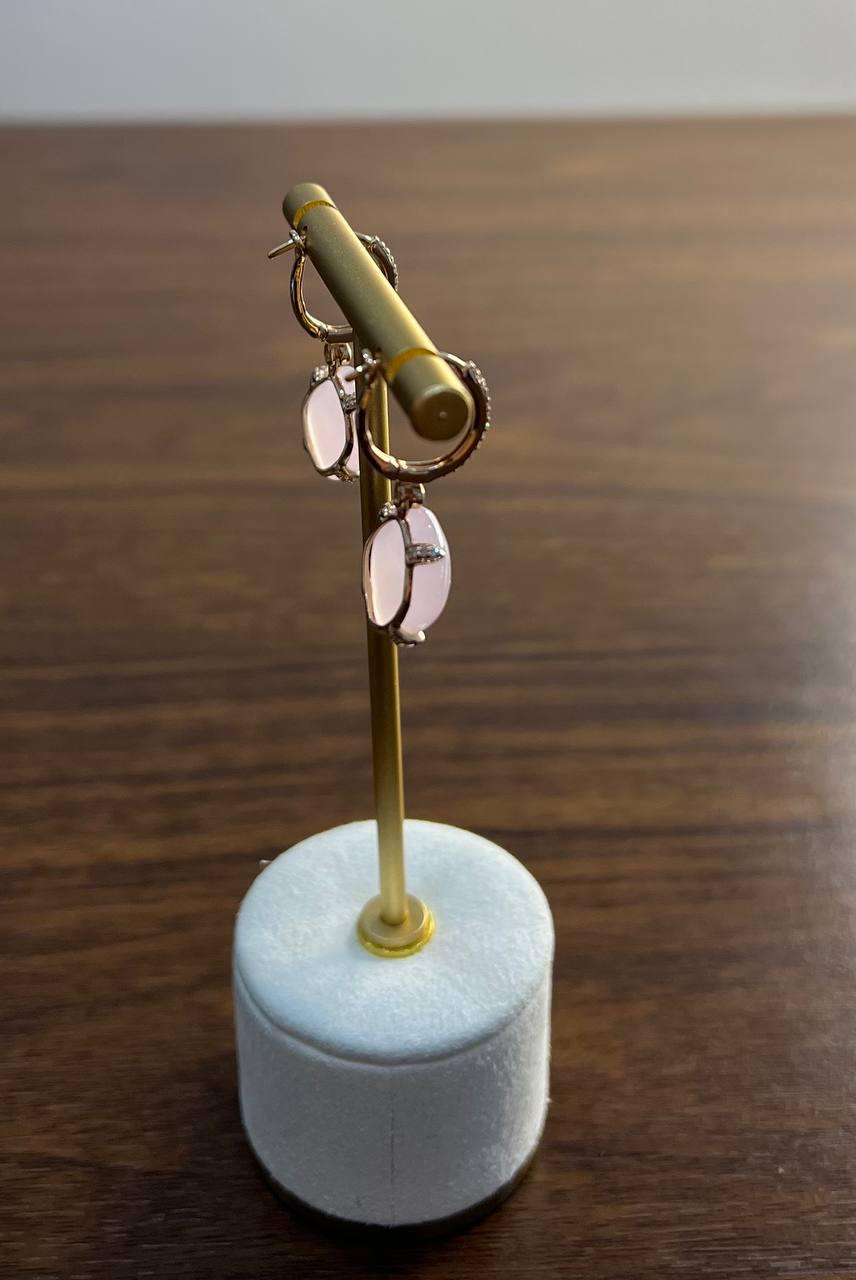 Cushion Shape Cab Pink Rose Quartz Diamond Accents 14K Yellow Gold Drop Earrings