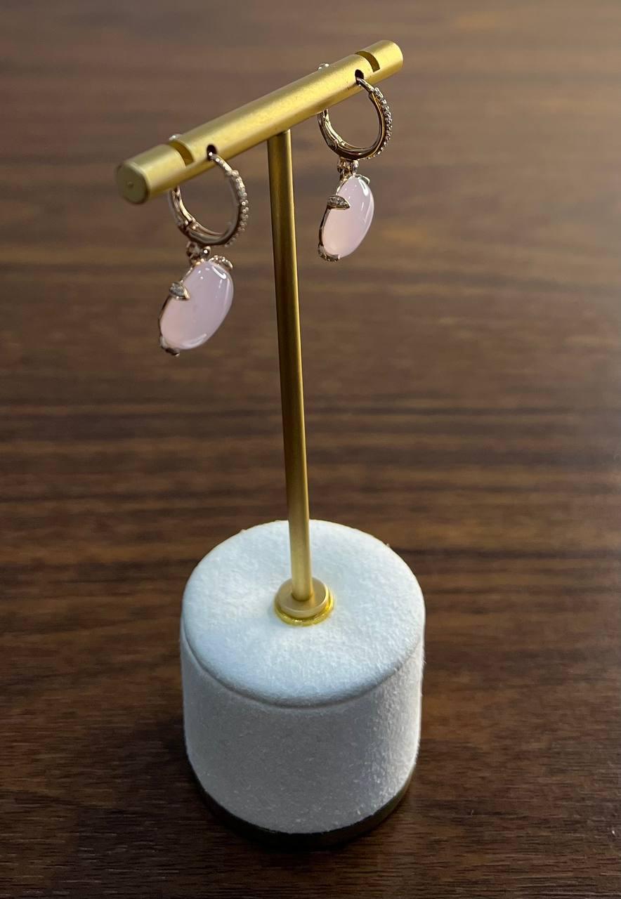 Cushion Shape Cab Pink Rose Quartz Diamond Accents 14K Yellow Gold Drop Earrings