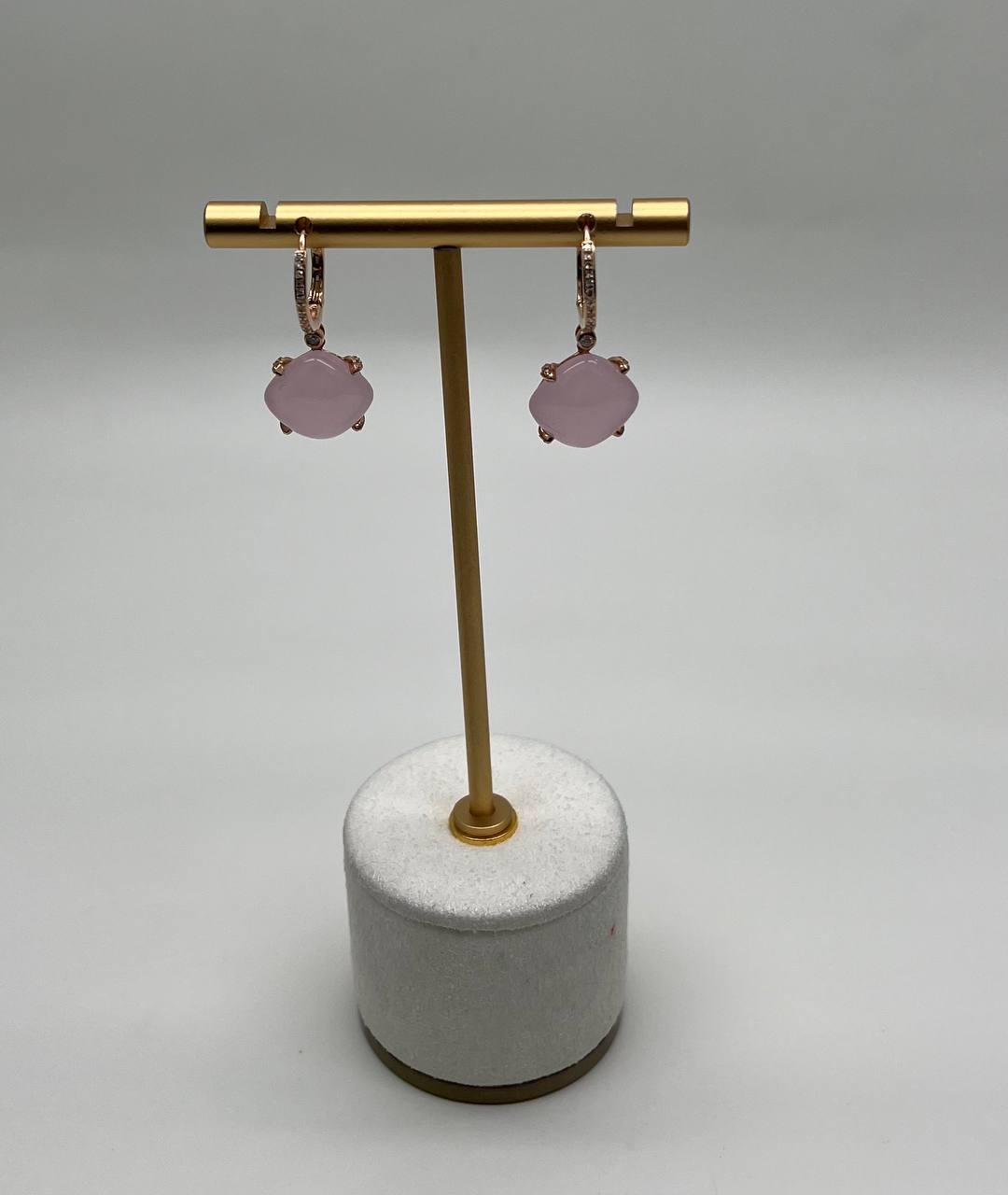 Cushion Shape Cab Pink Rose Quartz Diamond Accents 14K Yellow Gold Drop Earrings