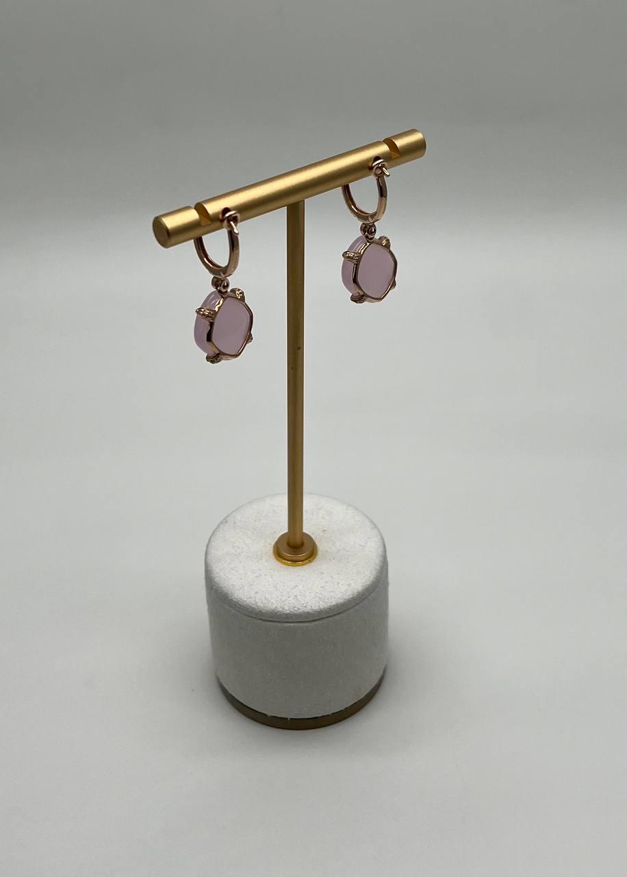 Cushion Shape Cab Pink Rose Quartz Diamond Accents 14K Yellow Gold Drop Earrings