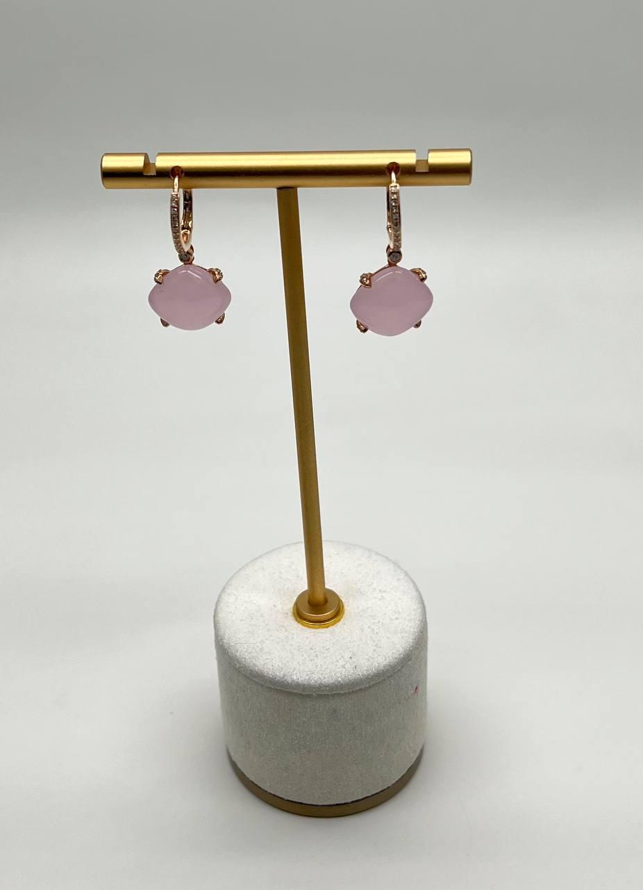 Cushion Shape Cab Pink Rose Quartz Diamond Accents 14K Yellow Gold Drop Earrings