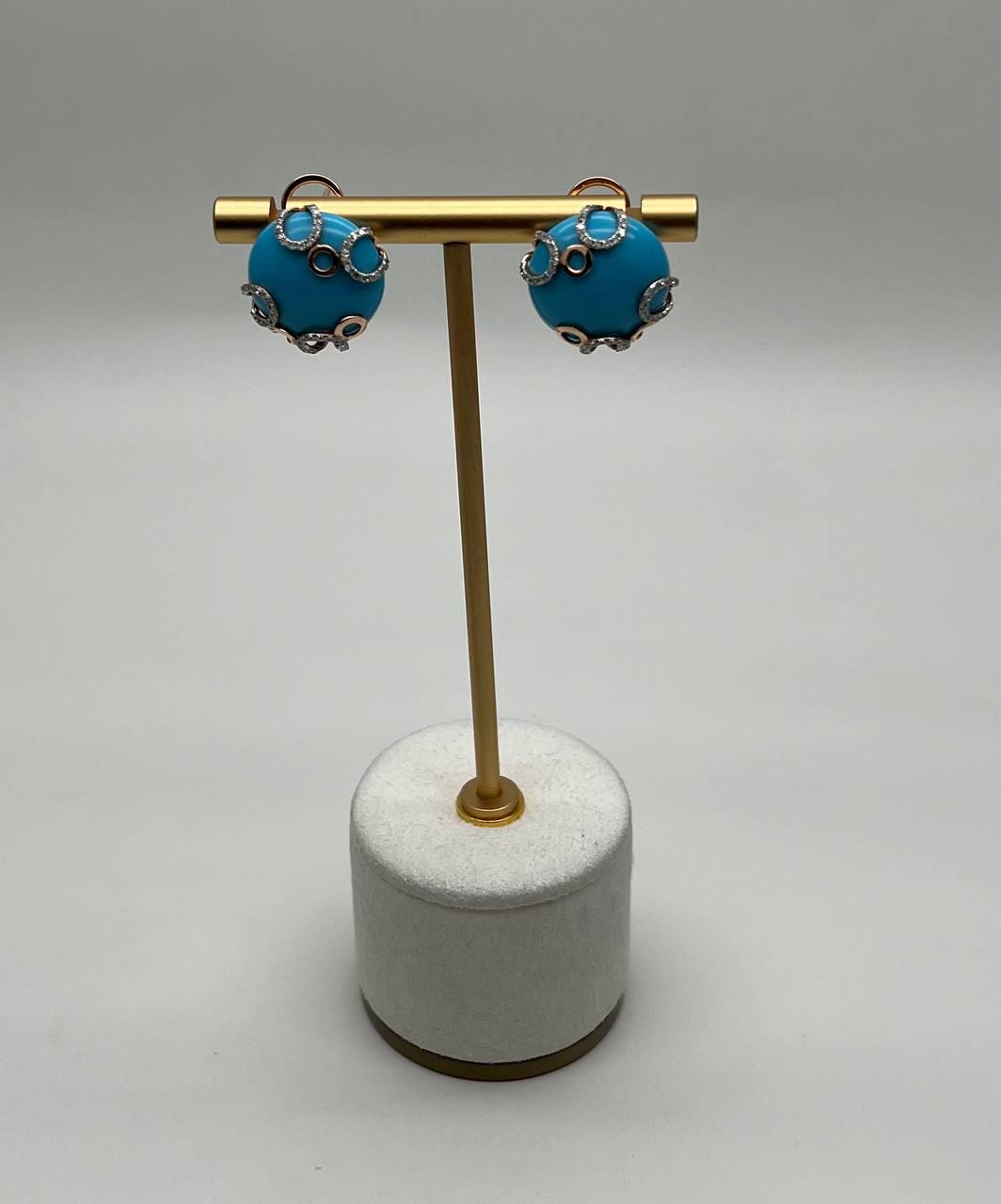 Teal Blue Round Turquoise Diamond Halo Swirl Design 14K Rose Gold Stud Earrings