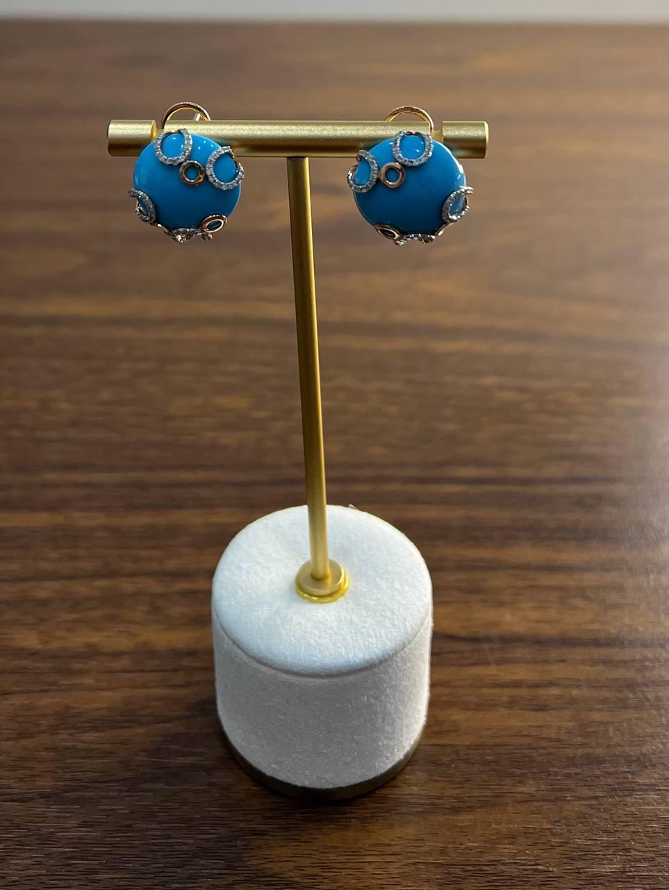 Teal Blue Round Turquoise Diamond Halo Swirl Design 14K Rose Gold Stud Earrings