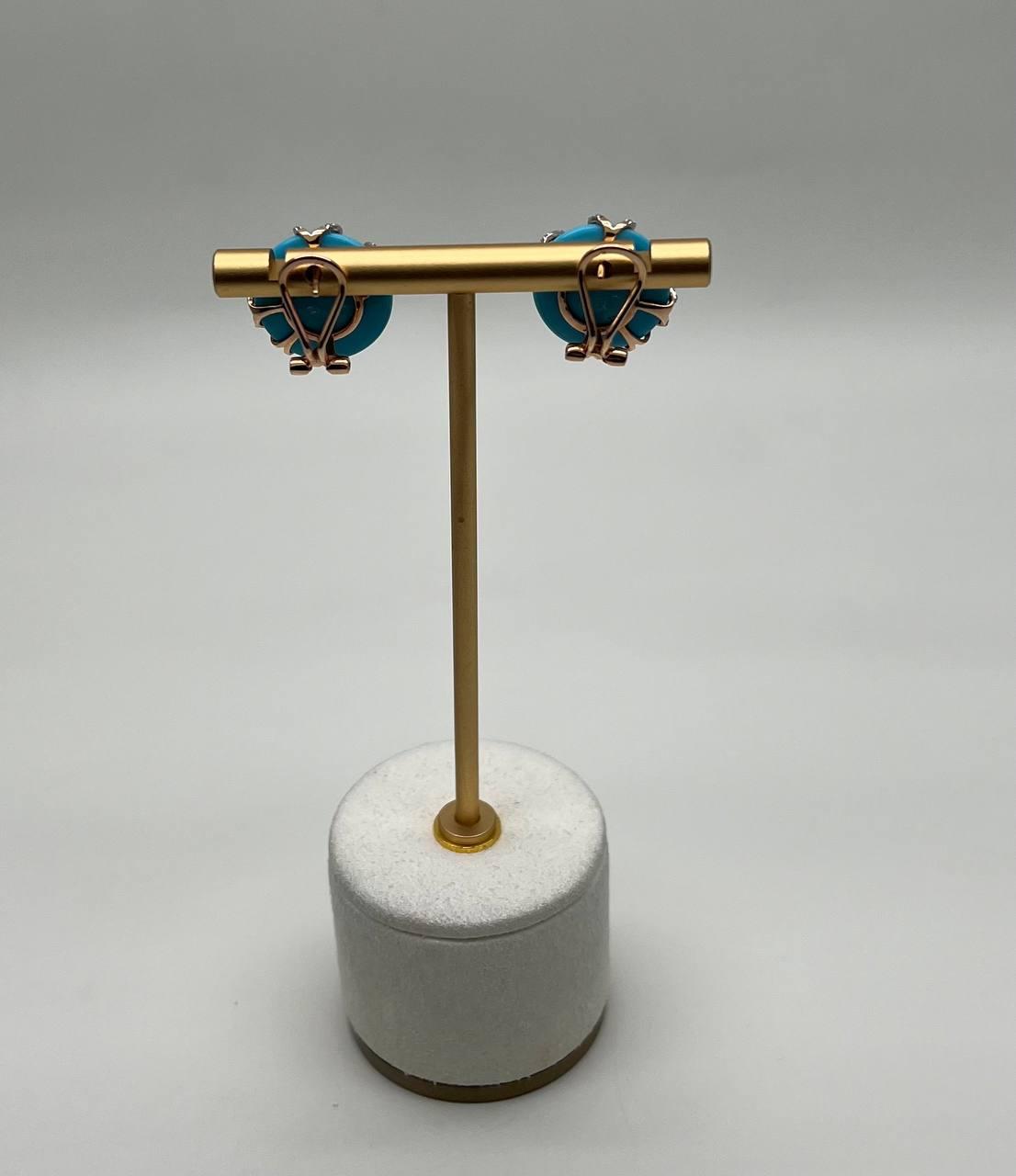 Teal Blue Round Turquoise Diamond Halo Swirl Design 14K Rose Gold Stud Earrings