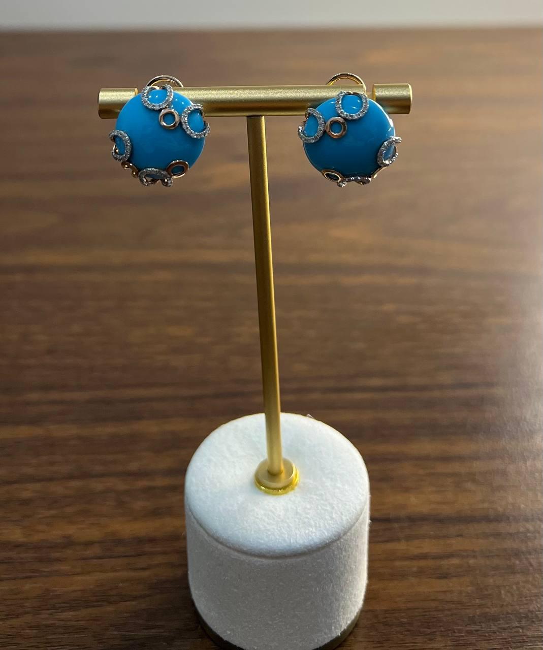 Teal Blue Round Turquoise Diamond Halo Swirl Design 14K Rose Gold Stud Earrings