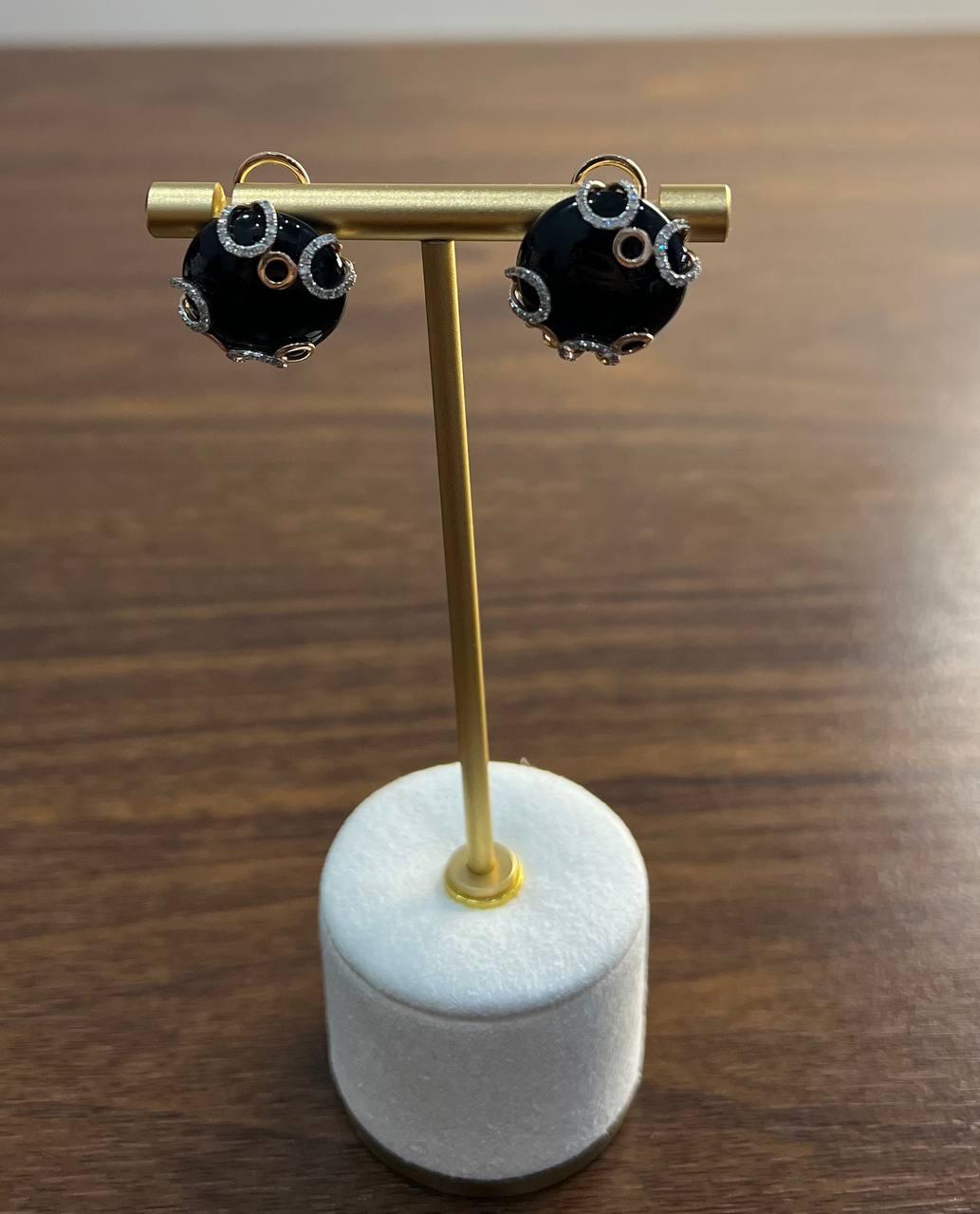 Round Black Onyx Cabochons Diamonds Swirl Scroll 14K Rose Gold Stud Earrings