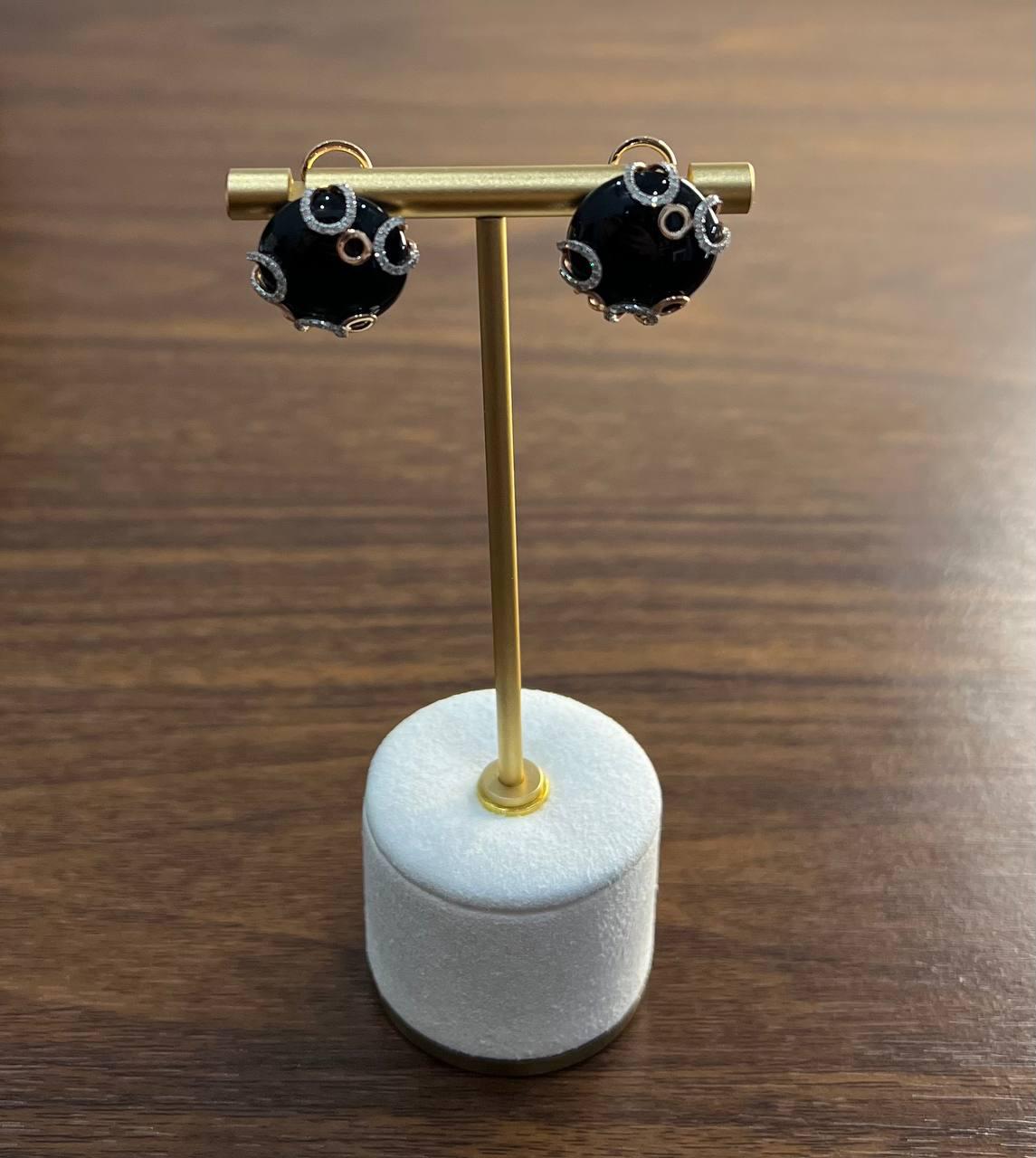 Round Black Onyx Cabochons Diamonds Swirl Scroll 14K Rose Gold Stud Earrings