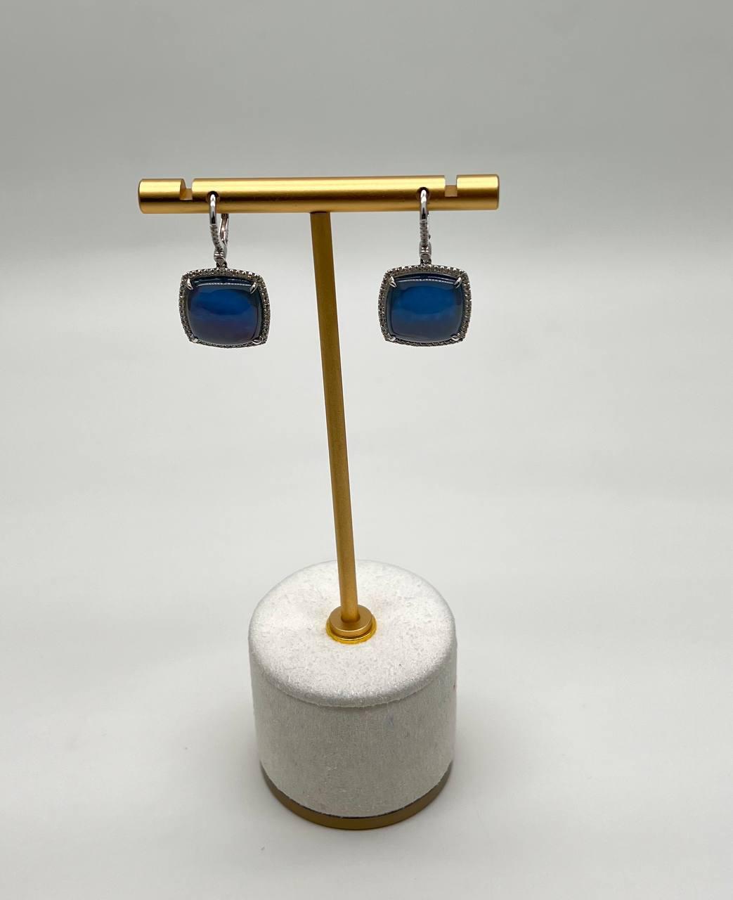 Cabochon Sugarloaf Blue Tourmaline Indicolite Diamond Halo White Gold Earrings