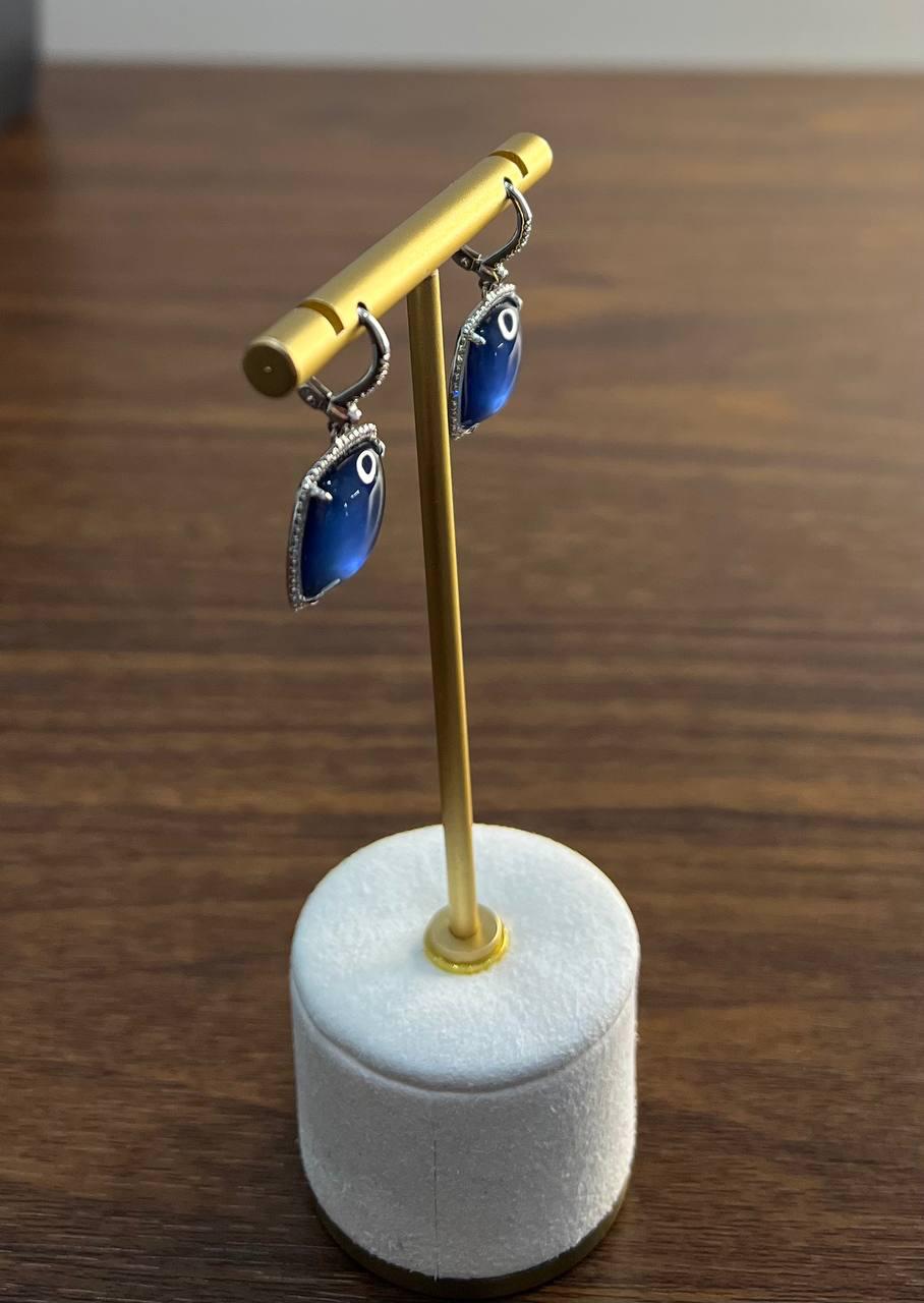 Cabochon Sugarloaf Blue Tourmaline Indicolite Diamond Halo White Gold Earrings