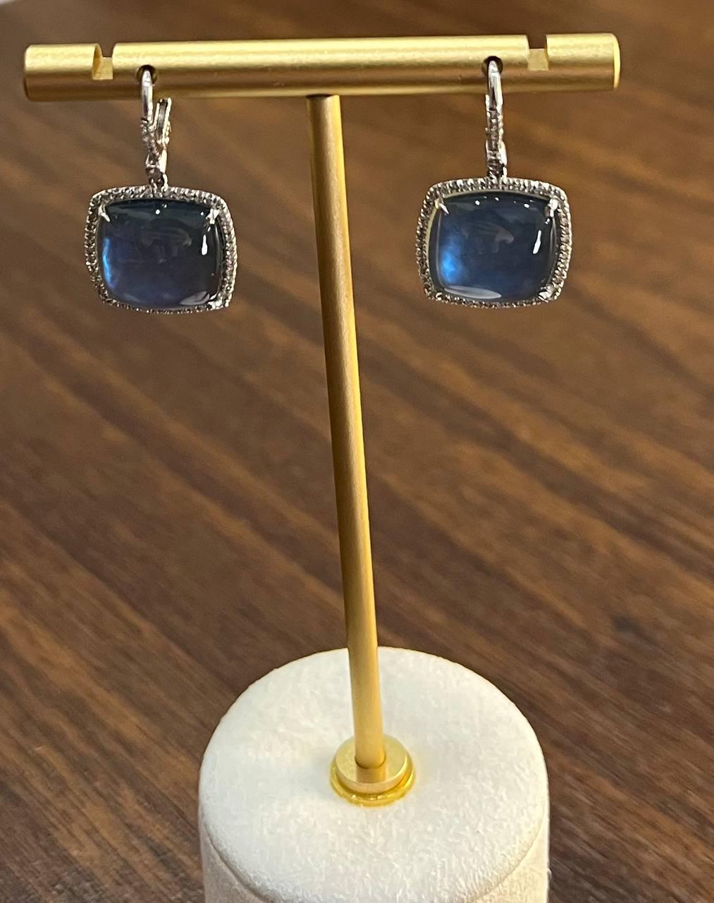 Cabochon Sugarloaf Blue Tourmaline Indicolite Diamond Halo White Gold Earrings