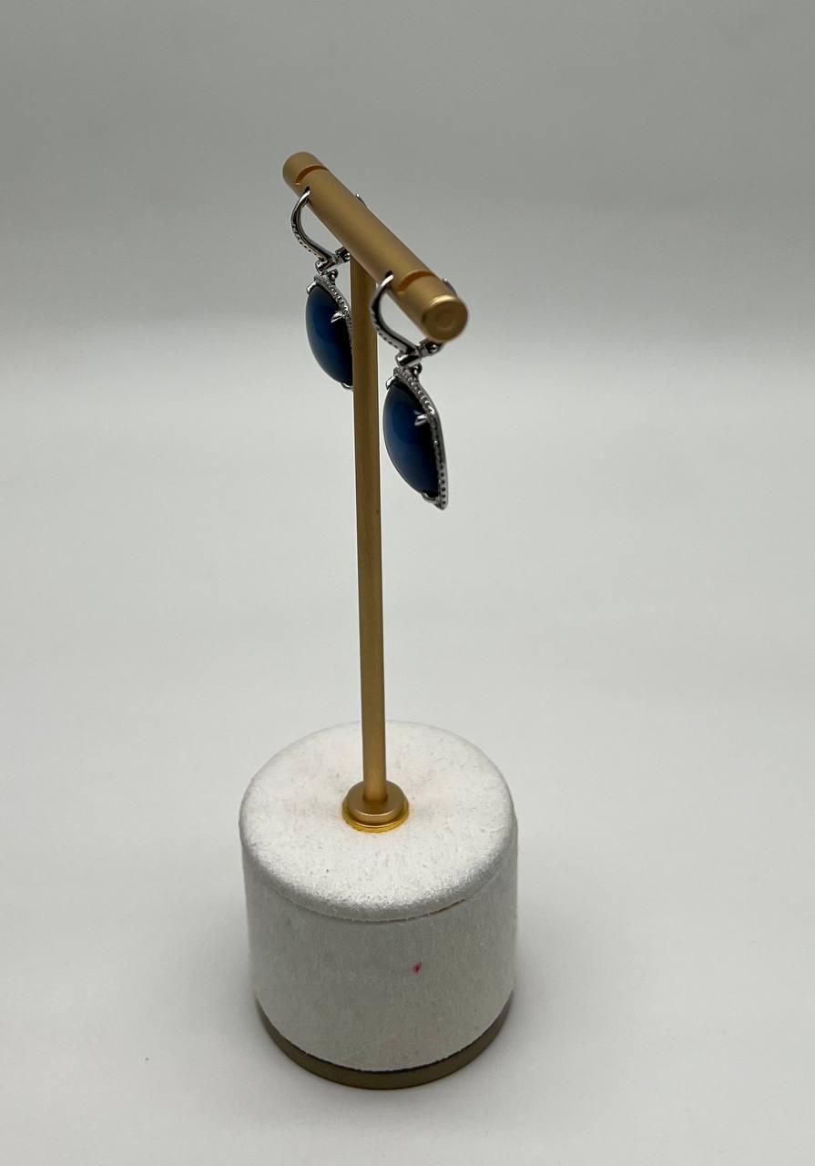 Cabochon Sugarloaf Blue Tourmaline Indicolite Diamond Halo White Gold Earrings