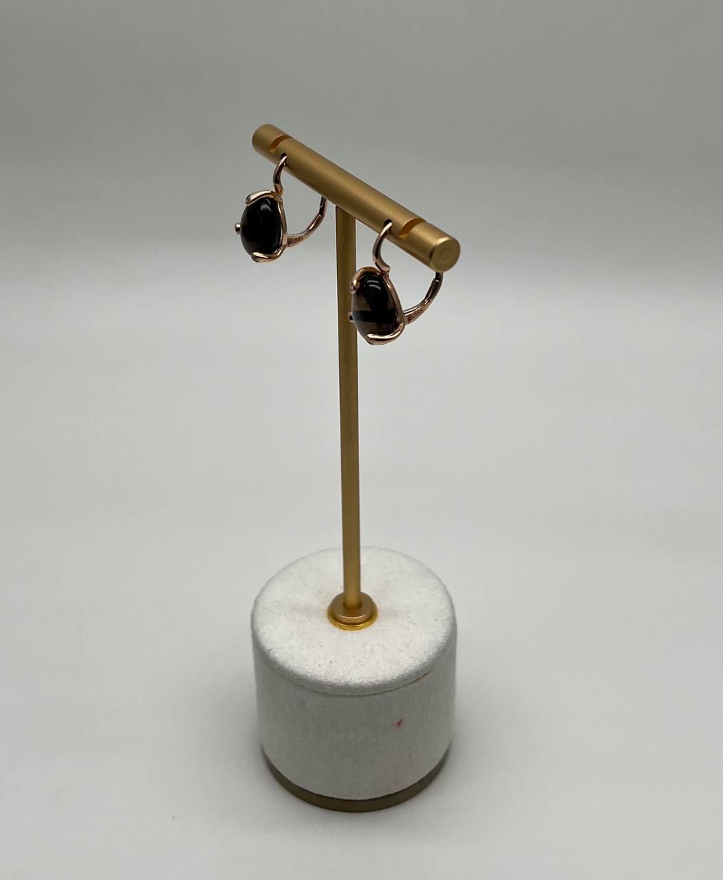 Dark Brown Smoky Quartz Diamond 14K Yellow Gold Cabochon Statement Earrings