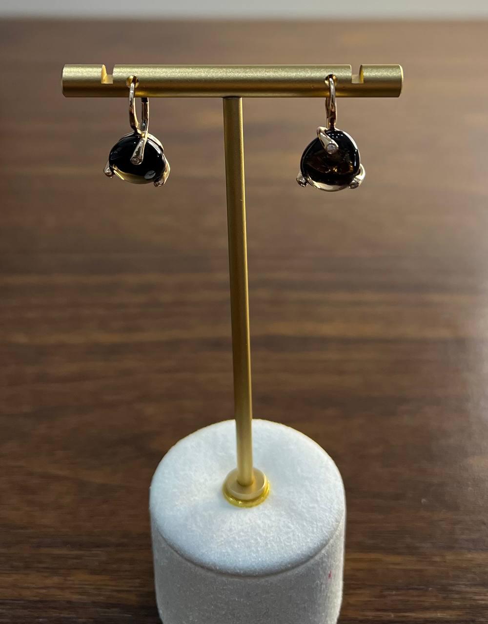 Dark Brown Smoky Quartz Diamond 14K Yellow Gold Cabochon Statement Earrings