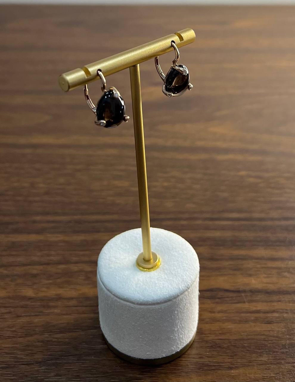 Dark Brown Smoky Quartz Diamond 14K Yellow Gold Cabochon Statement Earrings