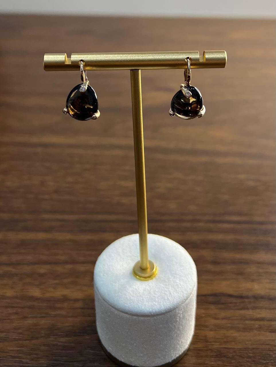 Dark Brown Smoky Quartz Diamond 14K Yellow Gold Cabochon Statement Earrings