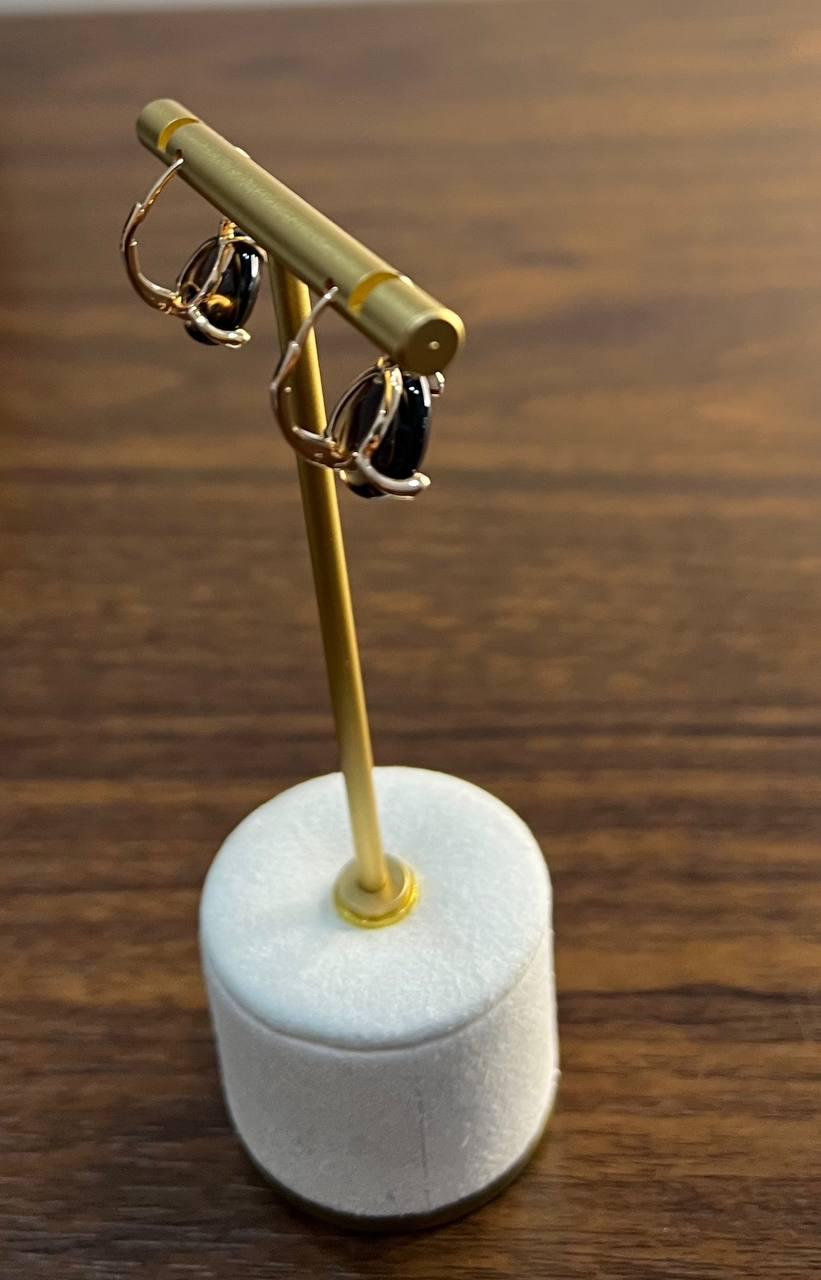 Dark Brown Smoky Quartz Diamond 14K Yellow Gold Cabochon Statement Earrings