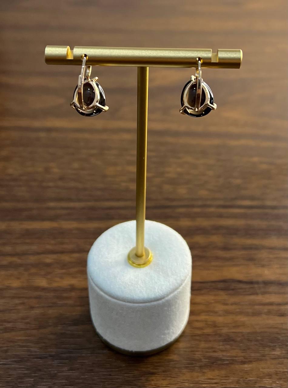 Dark Brown Smoky Quartz Diamond 14K Yellow Gold Cabochon Statement Earrings