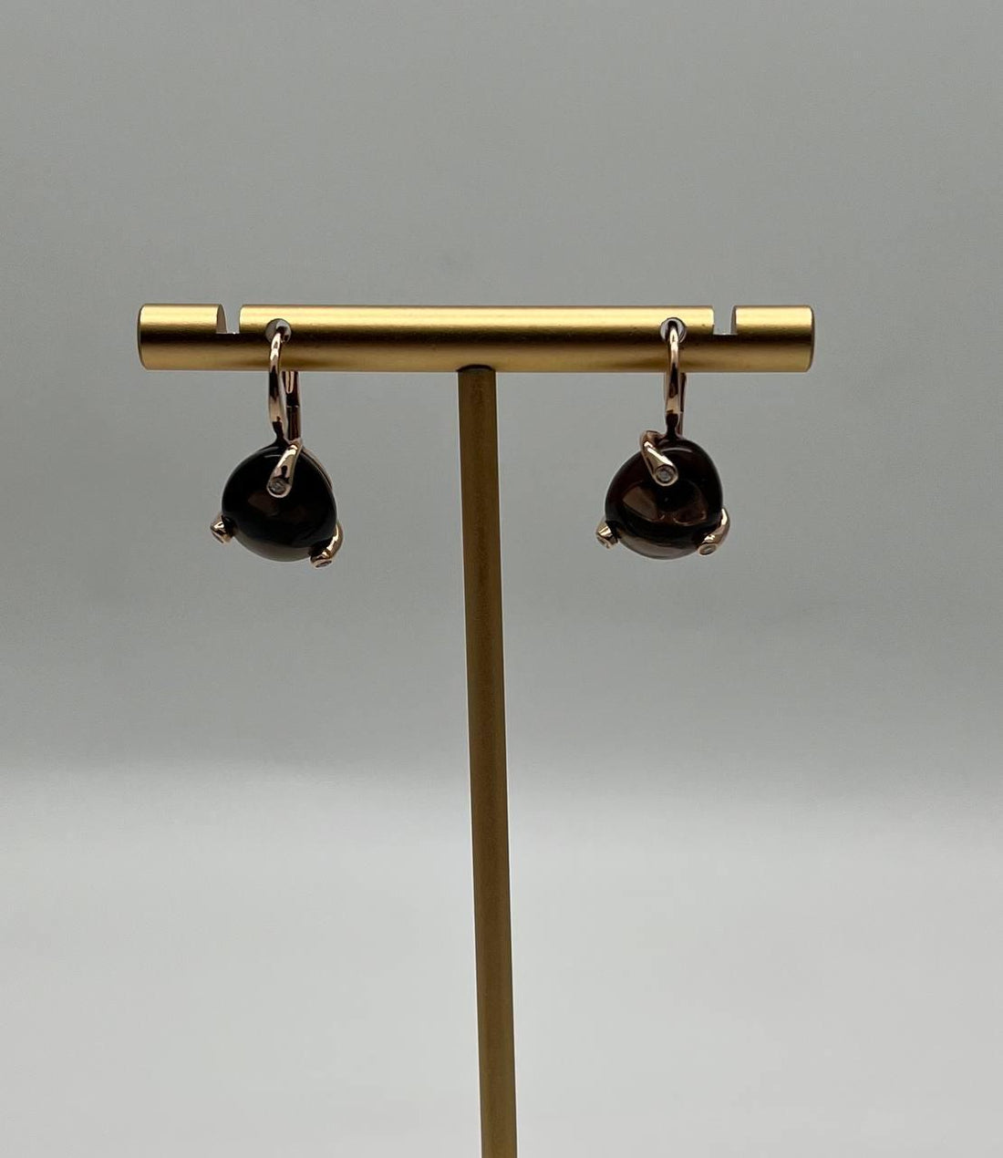 Dark Brown Smoky Quartz Diamond 14K Yellow Gold Cabochon Statement Earrings