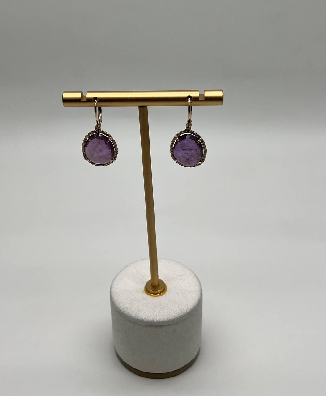 Oval Shape Purple Violet Amethyst Cabochons 14K Yellow Gold Diamonds Earrings