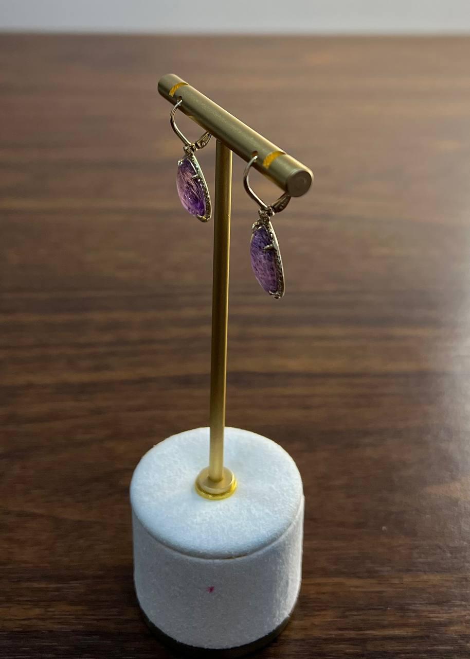 Oval Shape Purple Violet Amethyst Cabochons 14K Yellow Gold Diamonds Earrings