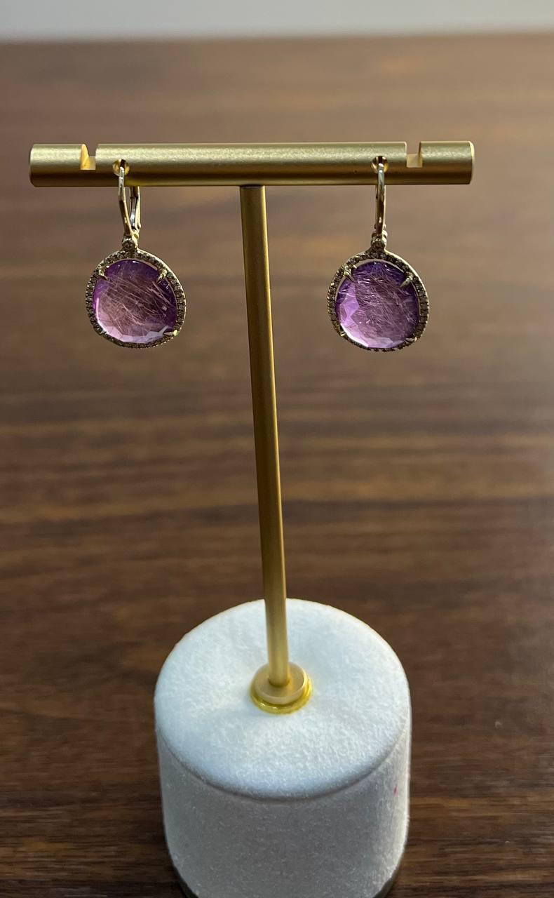 Oval Shape Purple Violet Amethyst Cabochons 14K Yellow Gold Diamonds Earrings